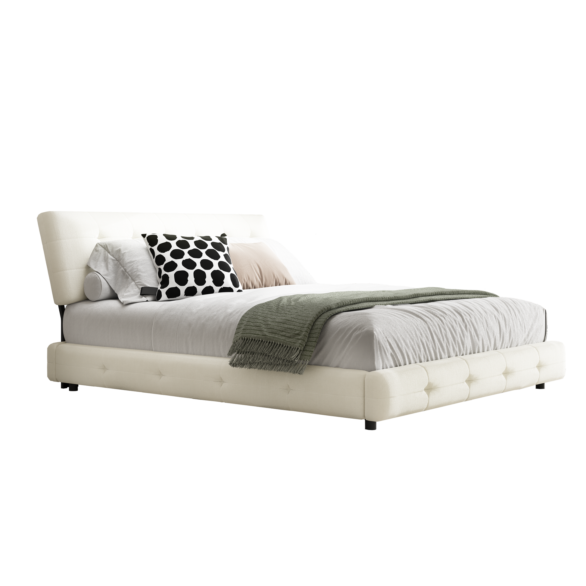 Pori beige queen size chenille bed showing side angled view isolated bed image on white background