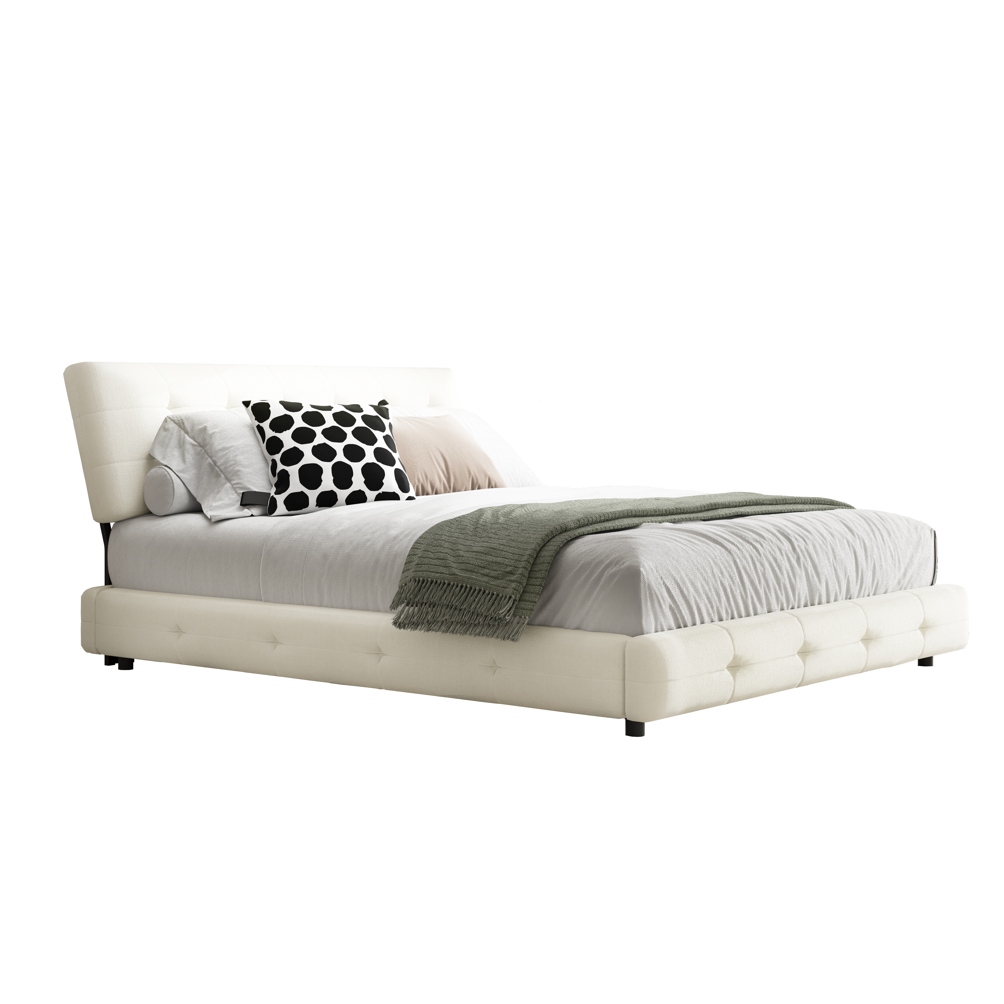 Pori beige queen size chenille bed showing side angled view isolated bed image on white background