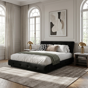 Pori black king size chenille bed styled in elegant bedroom with arched windows