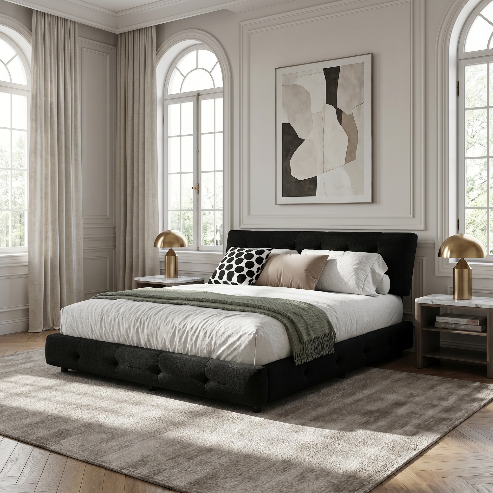 Pori black king size chenille bed styled in elegant bedroom with arched windows