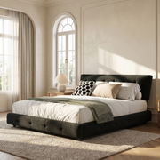 Pori black queen size chenille bed styled in elegant bedroom with arched windows and neutral decor