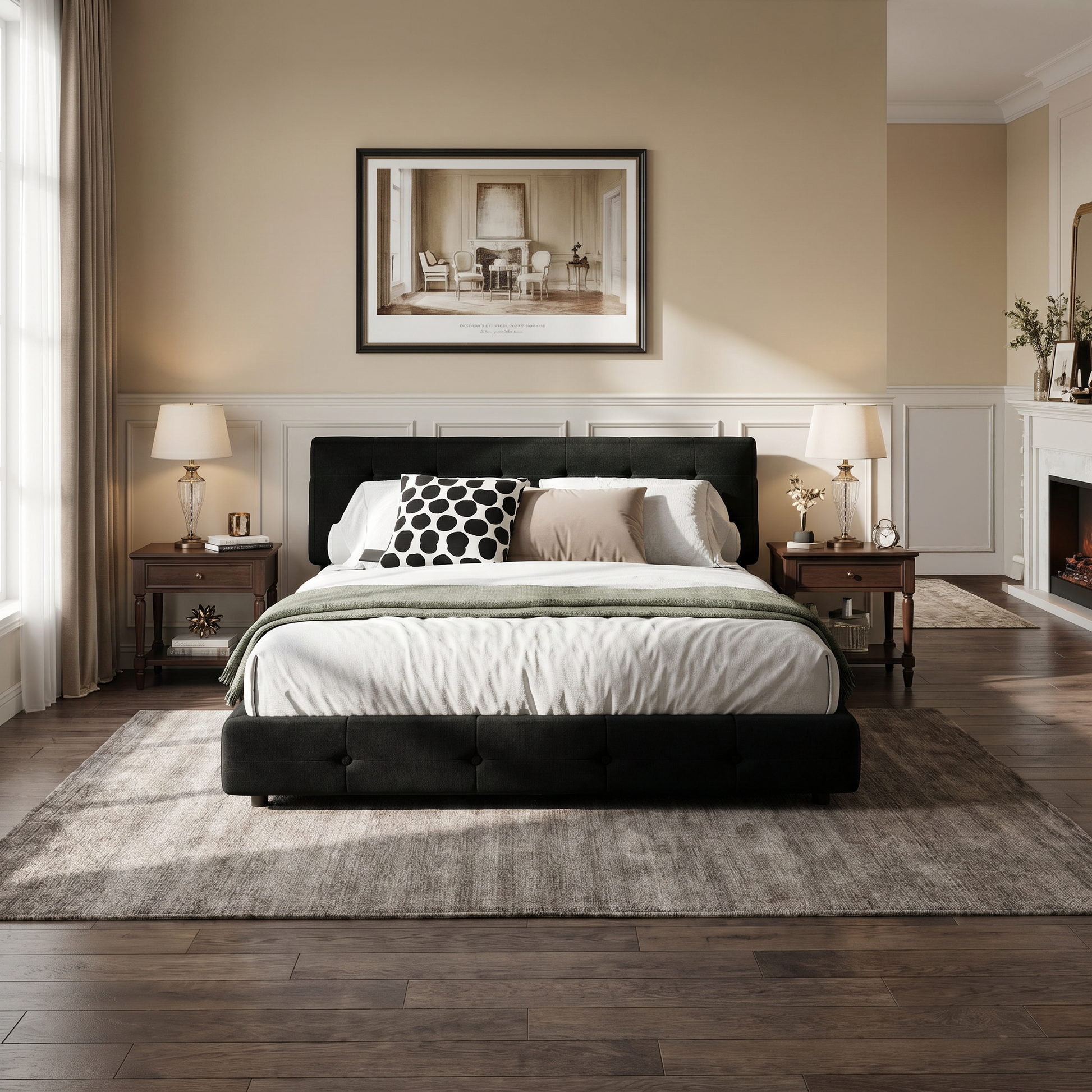Pori black king size chenille bed styled in modern bedroom with wood nightstands