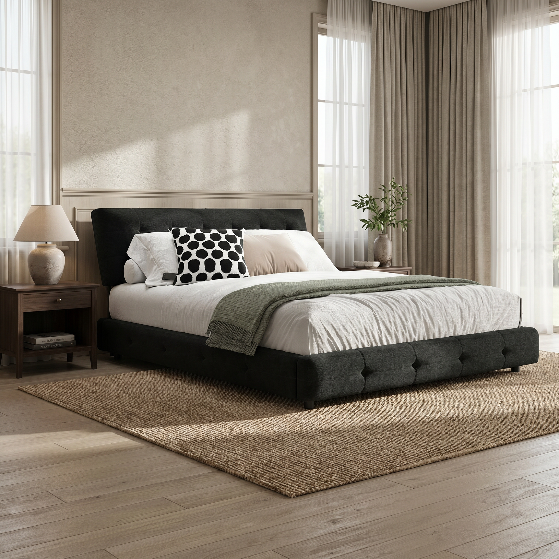Pori black queen size chenille bed styled in contemporary bedroom with wood nightstands