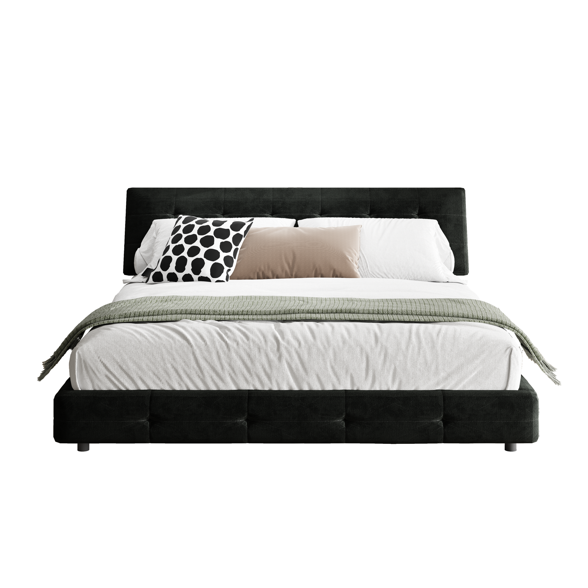 Pori black king size chenille bed showing front view isolated bed image on white background
