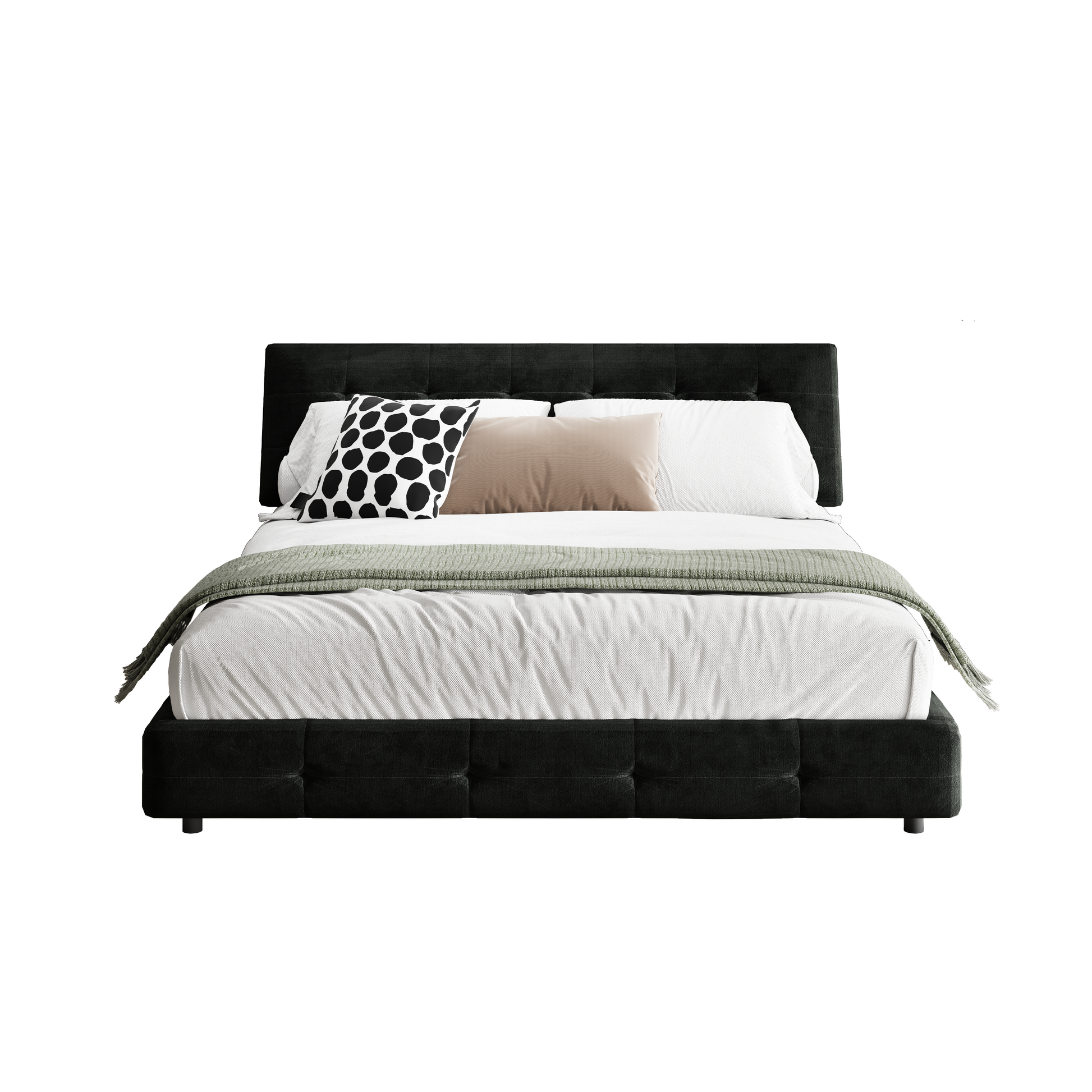 Pori black queen size chenille bed showing front view isolated bed image on white background