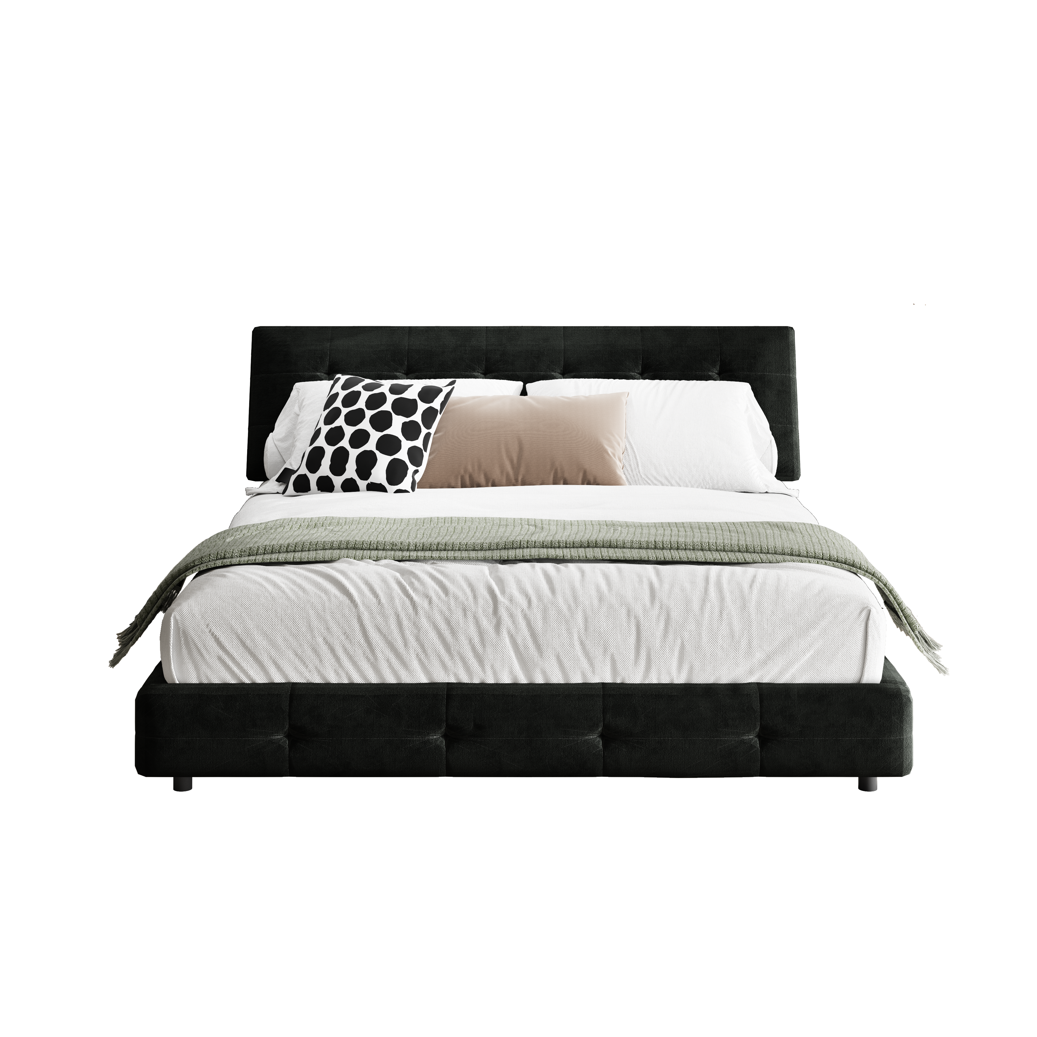 Pori black queen size chenille bed showing front view isolated bed image on white background