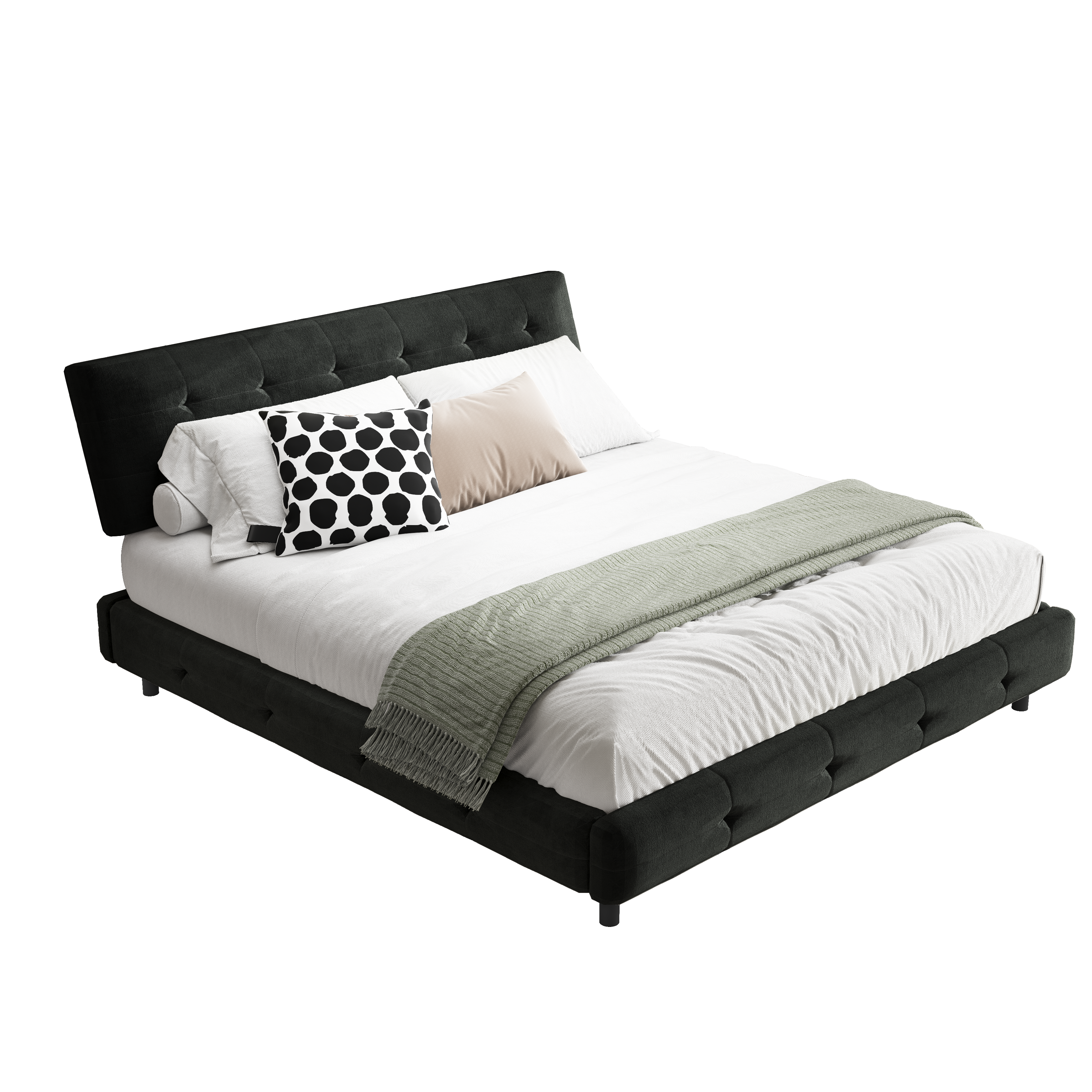 Pori black king size chenille bed showing front angled view isolated bed image on white background