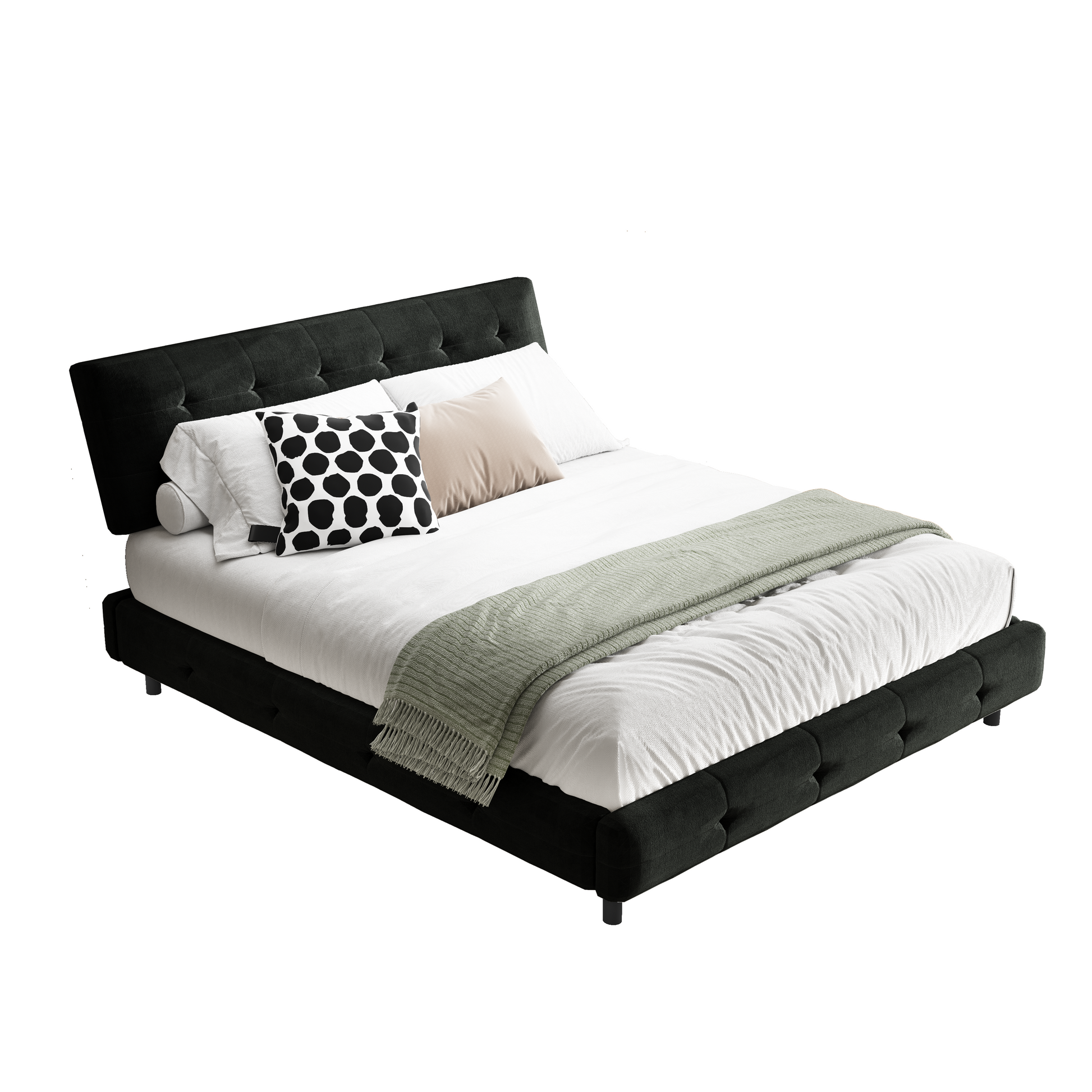 Pori black queen size chenille bed showing front angled view isolated bed image on white background
