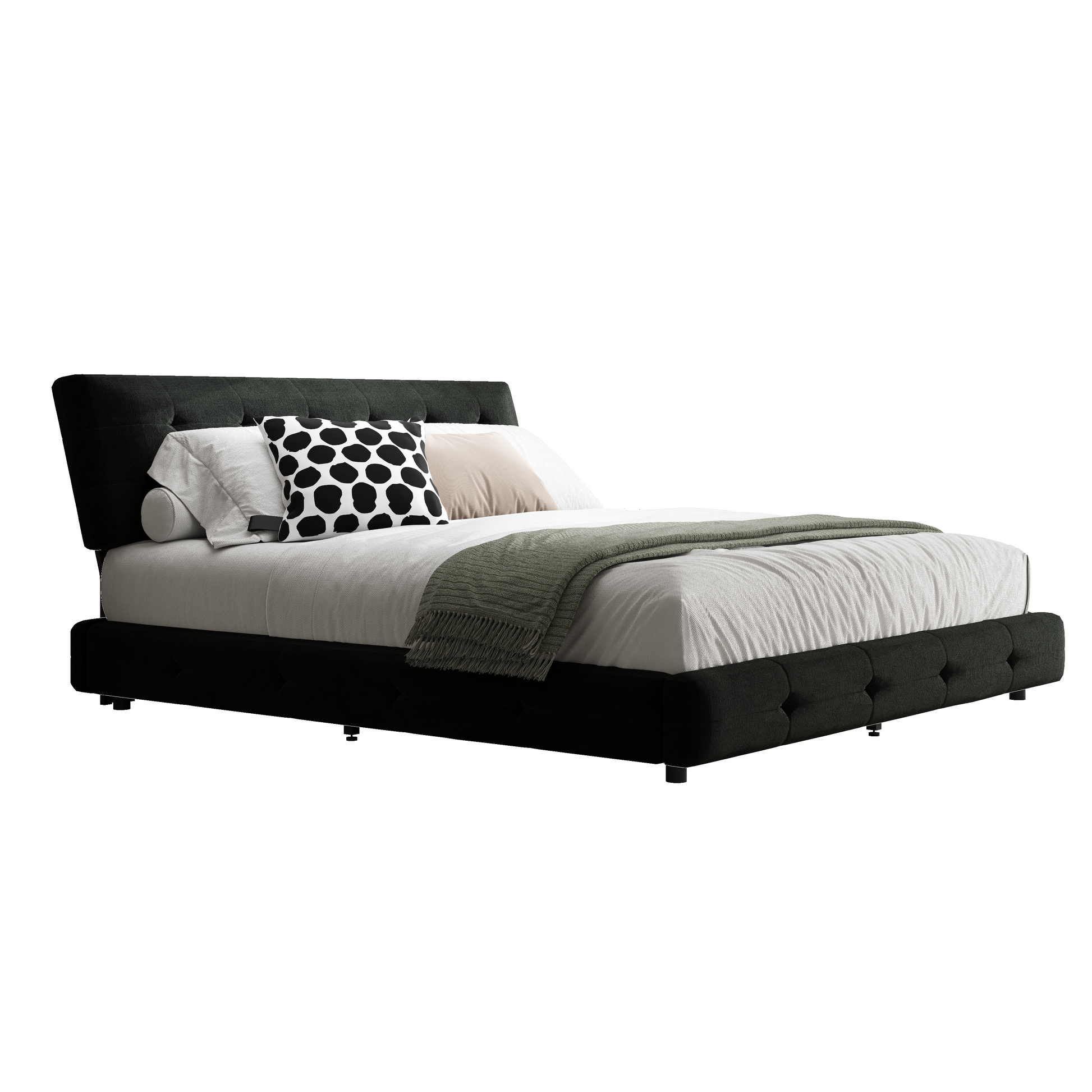 Pori black king size chenille bed showing side angled view isolated bed image on white background