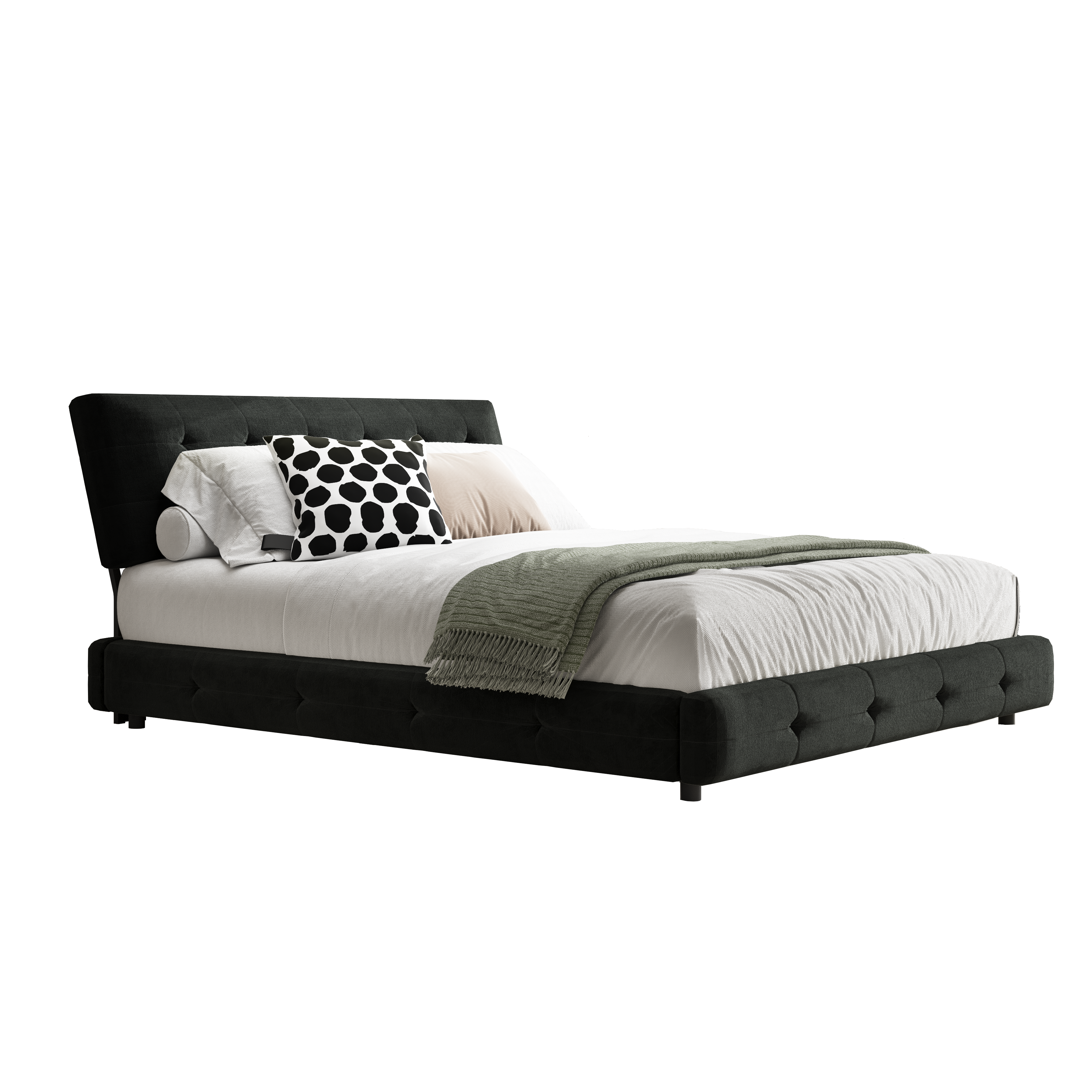 Pori black queen size chenille bed showing side angled view isolated bed image on white background