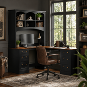 Porvoo black L-shaped office desk with hutch drawers and storage shelves in a dark refined home office