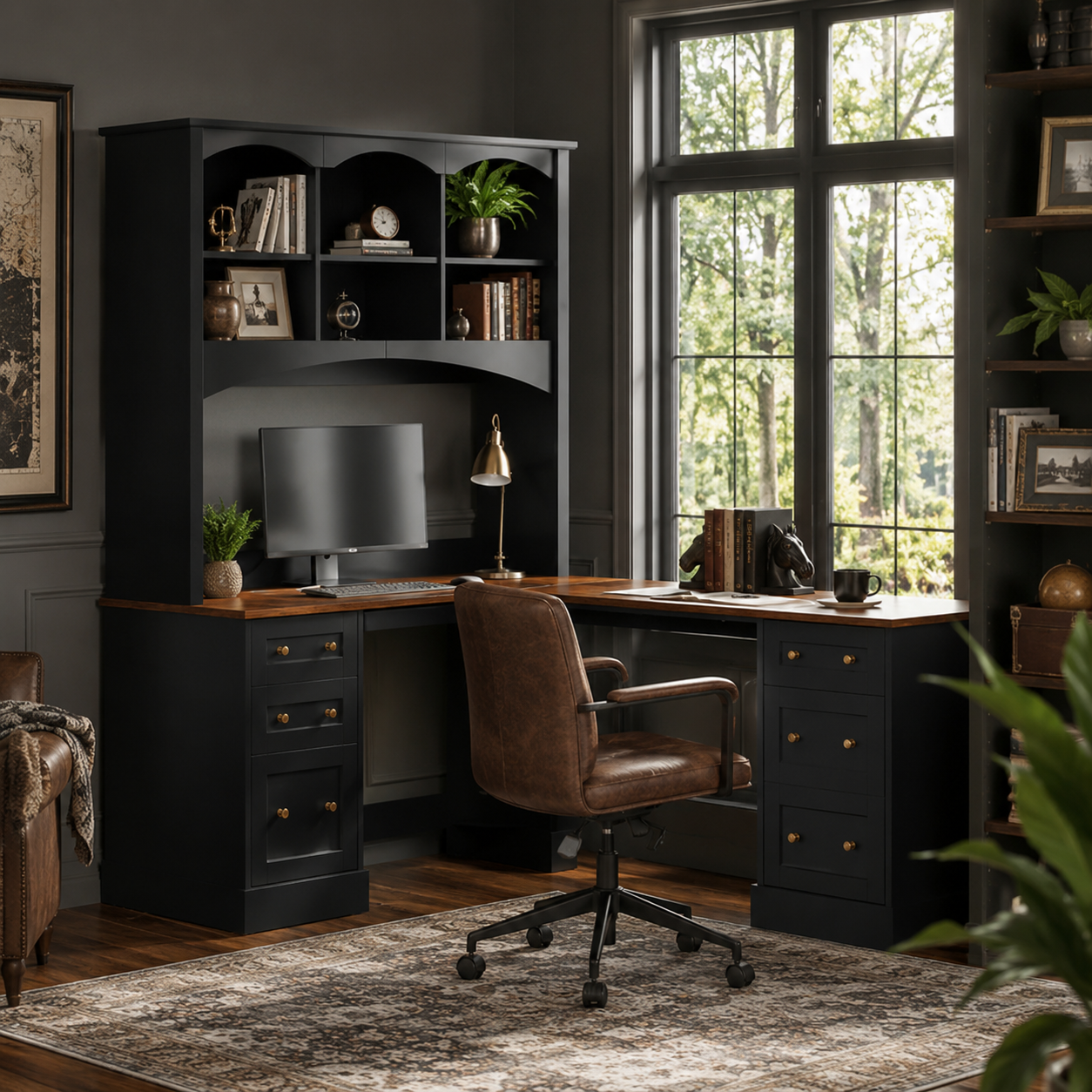 Porvoo black L-shaped office desk with hutch drawers and storage shelves in a dark refined home office