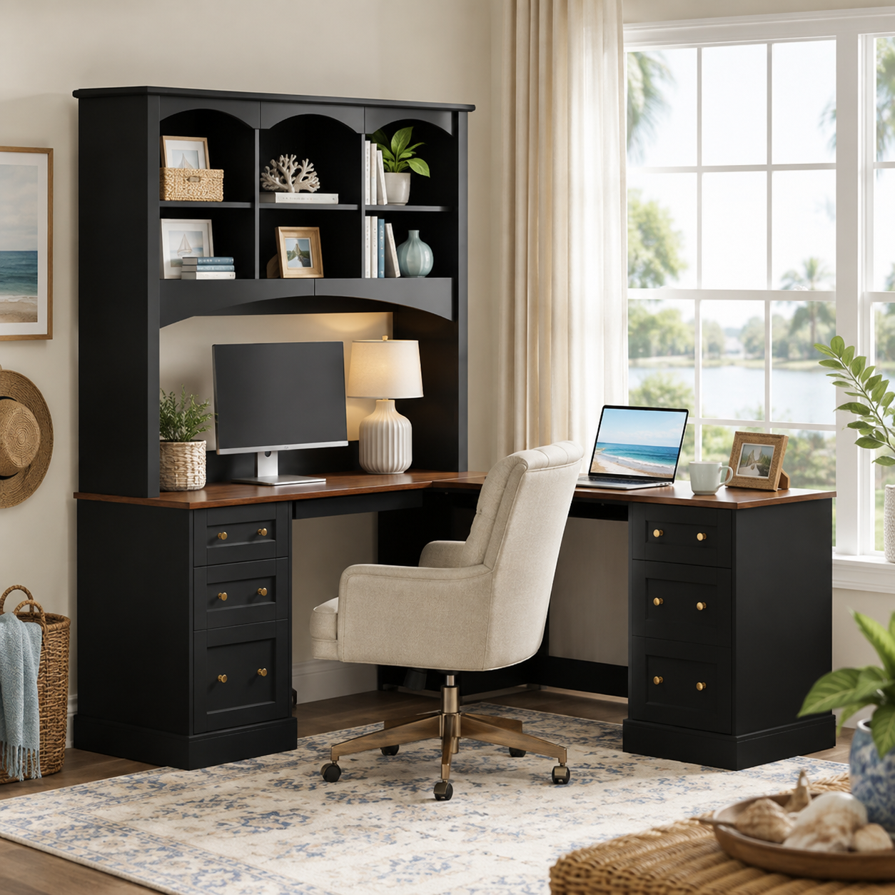 Porvoo black L-shaped desk with wood desktop and upper shelving in a warm home workspace