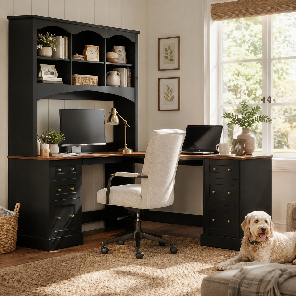 Porvoo black office desk with hutch and storage drawers in a cozy room with natural light