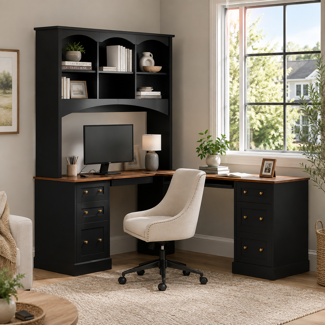 Porvoo black L-shaped office desk with shelving and chair in a traditional home office