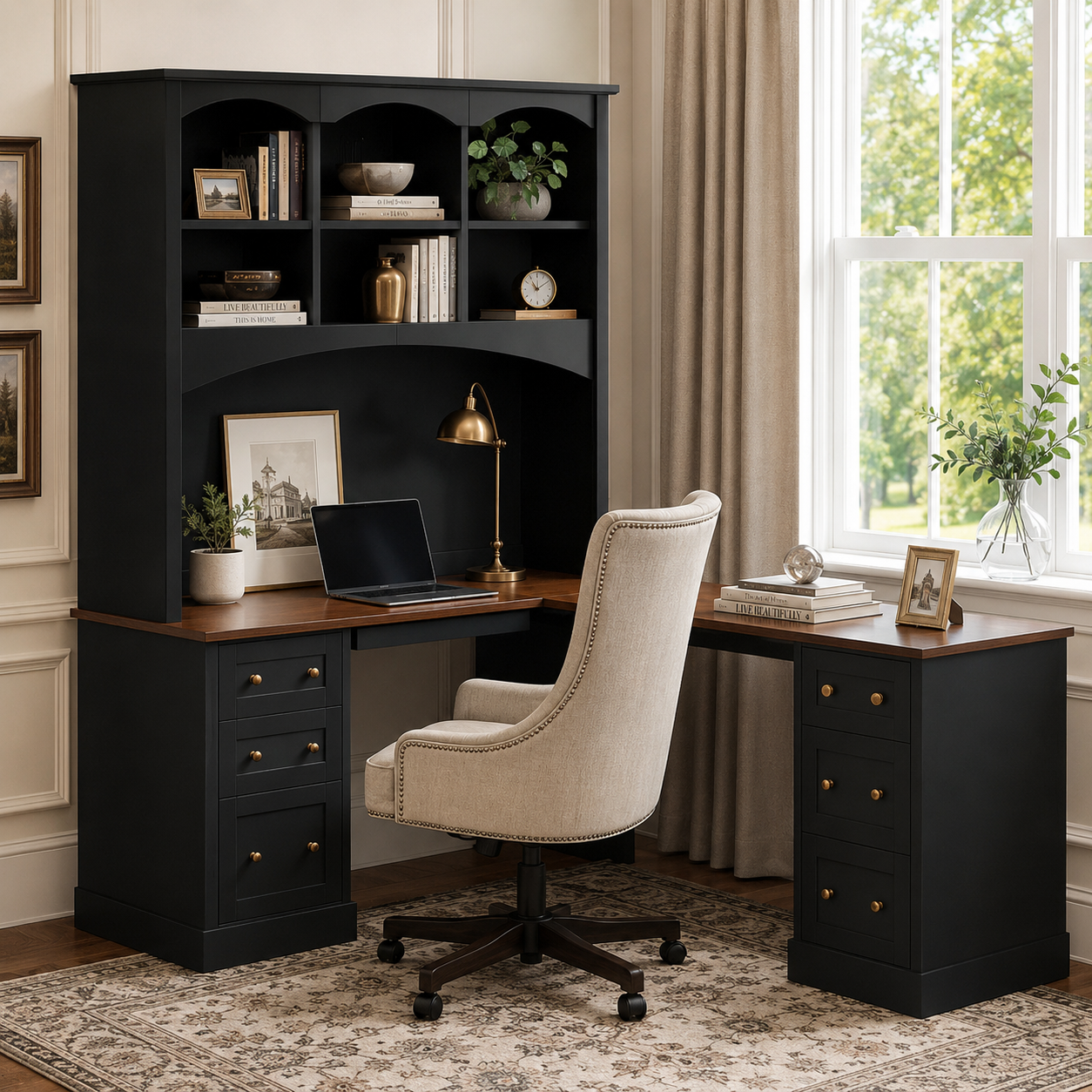 Porvoo black office desk with upper hutch and drawer storage beside a large window