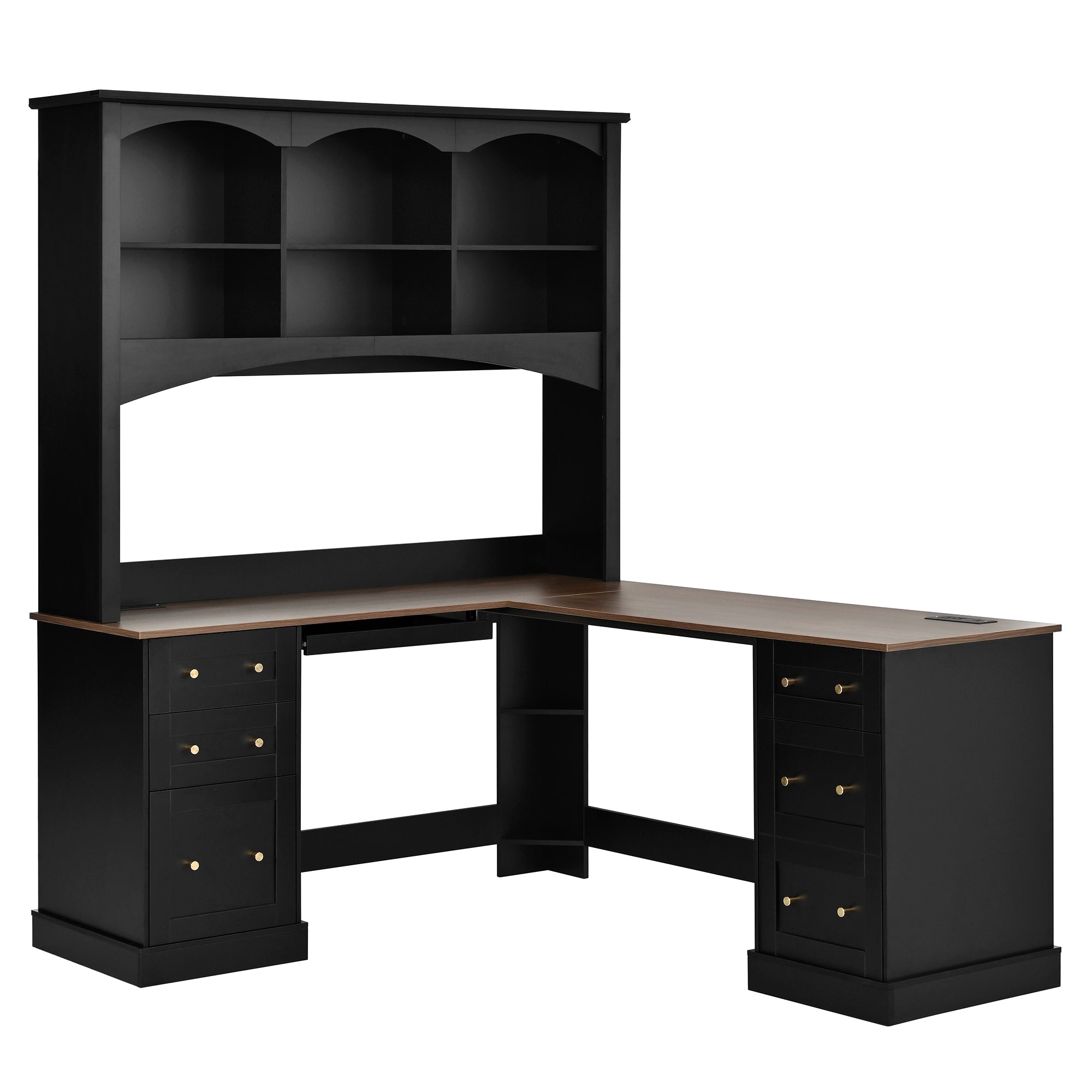 Porvoo black L-shaped office desk front view with hutch and drawers on white background