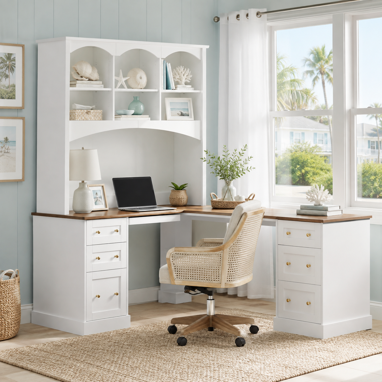 Porvoo white L-shaped office desk with hutch drawers and storage shelves in a bright home office