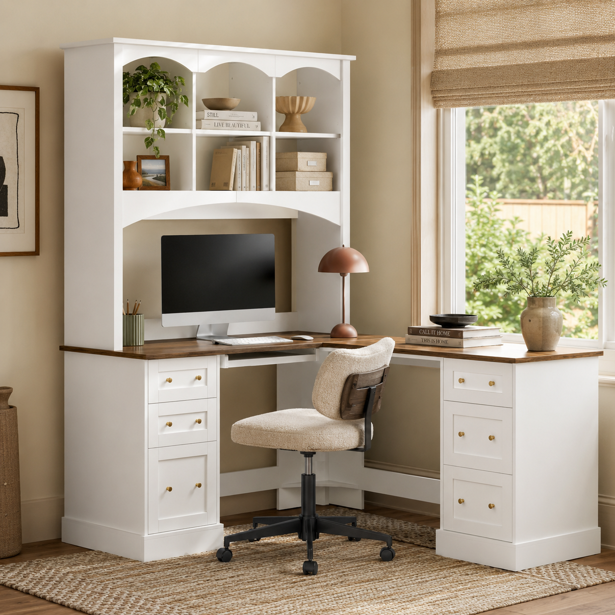 Porvoo white L-shaped desk with upper hutch and wood desktop in a sunlit workspace