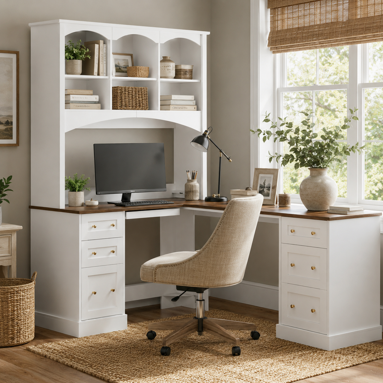 Porvoo white office desk with drawers and open shelving in a warm modern home office