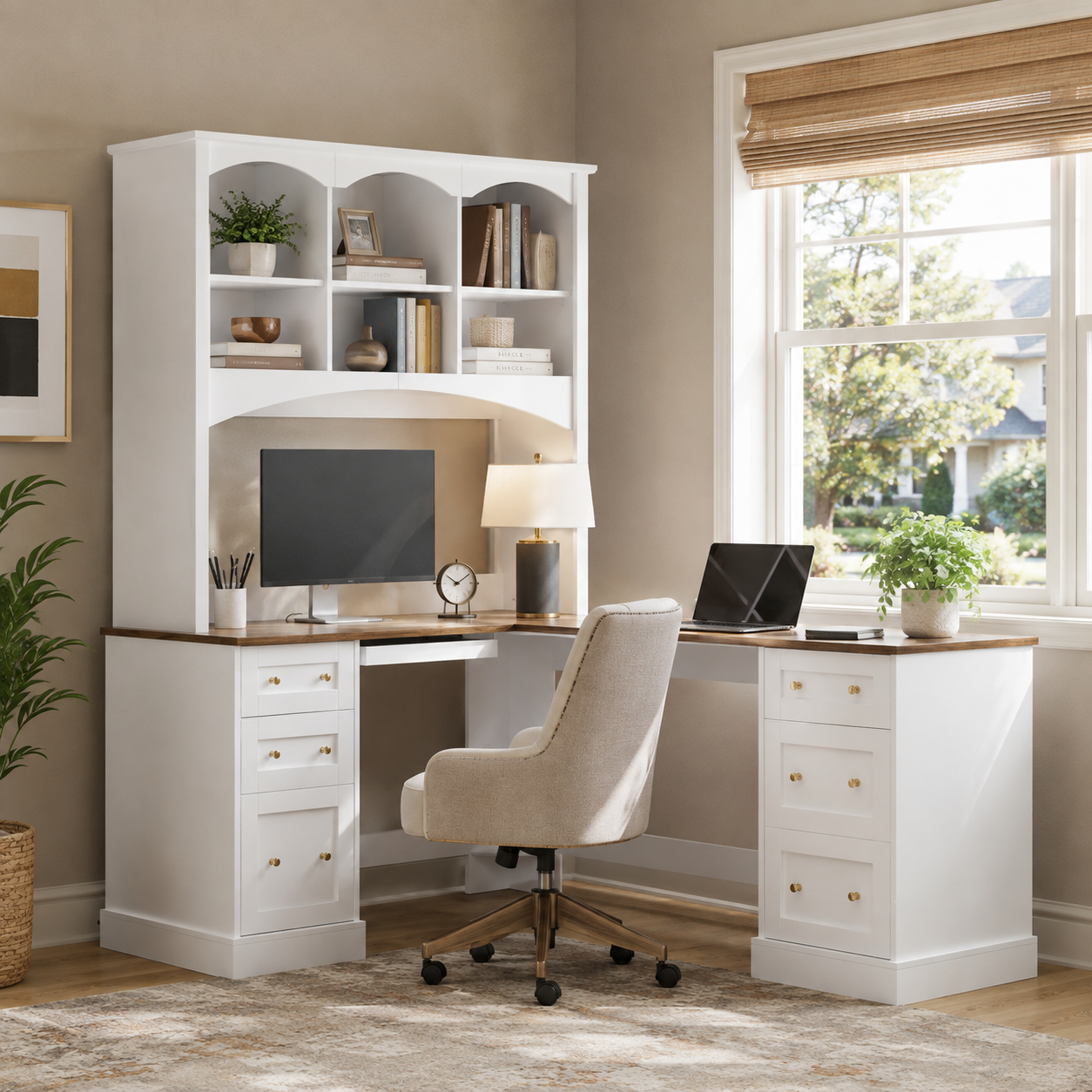 Porvoo white L-shaped office desk with computer workspace and storage hutch in a bright room