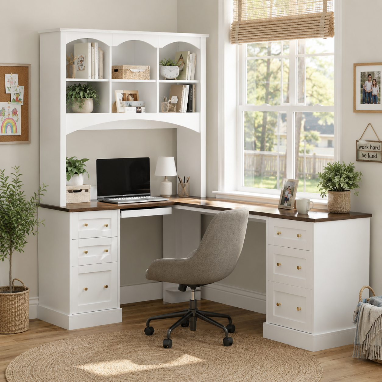 Porvoo white office desk with hutch and drawer storage beside a window in a cozy workspace