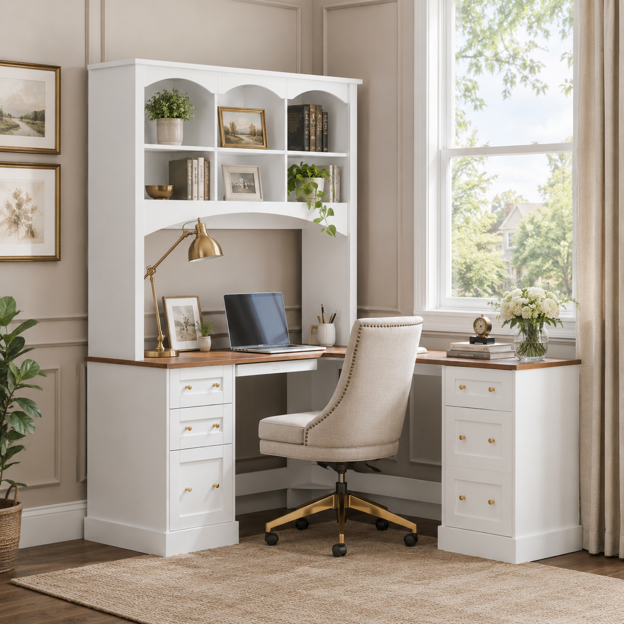 Porvoo white L-shaped desk with shelving and pedestal drawers in a light home office