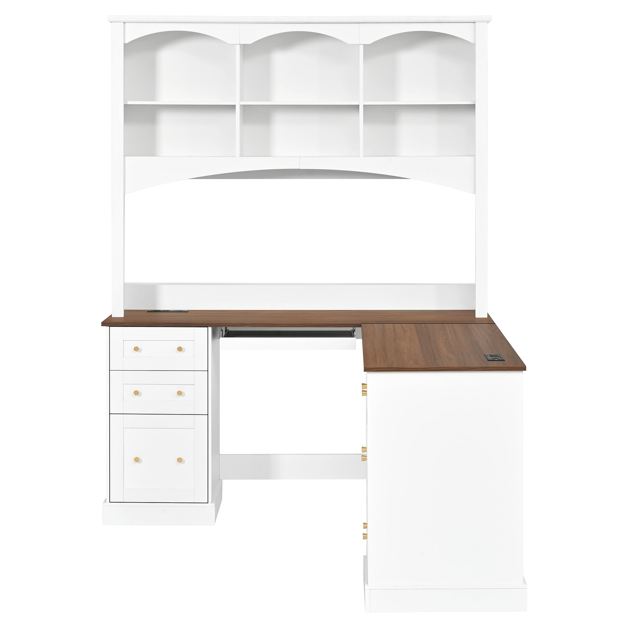 Porvoo white office desk front view with upper hutch and drawer pedestal on white background