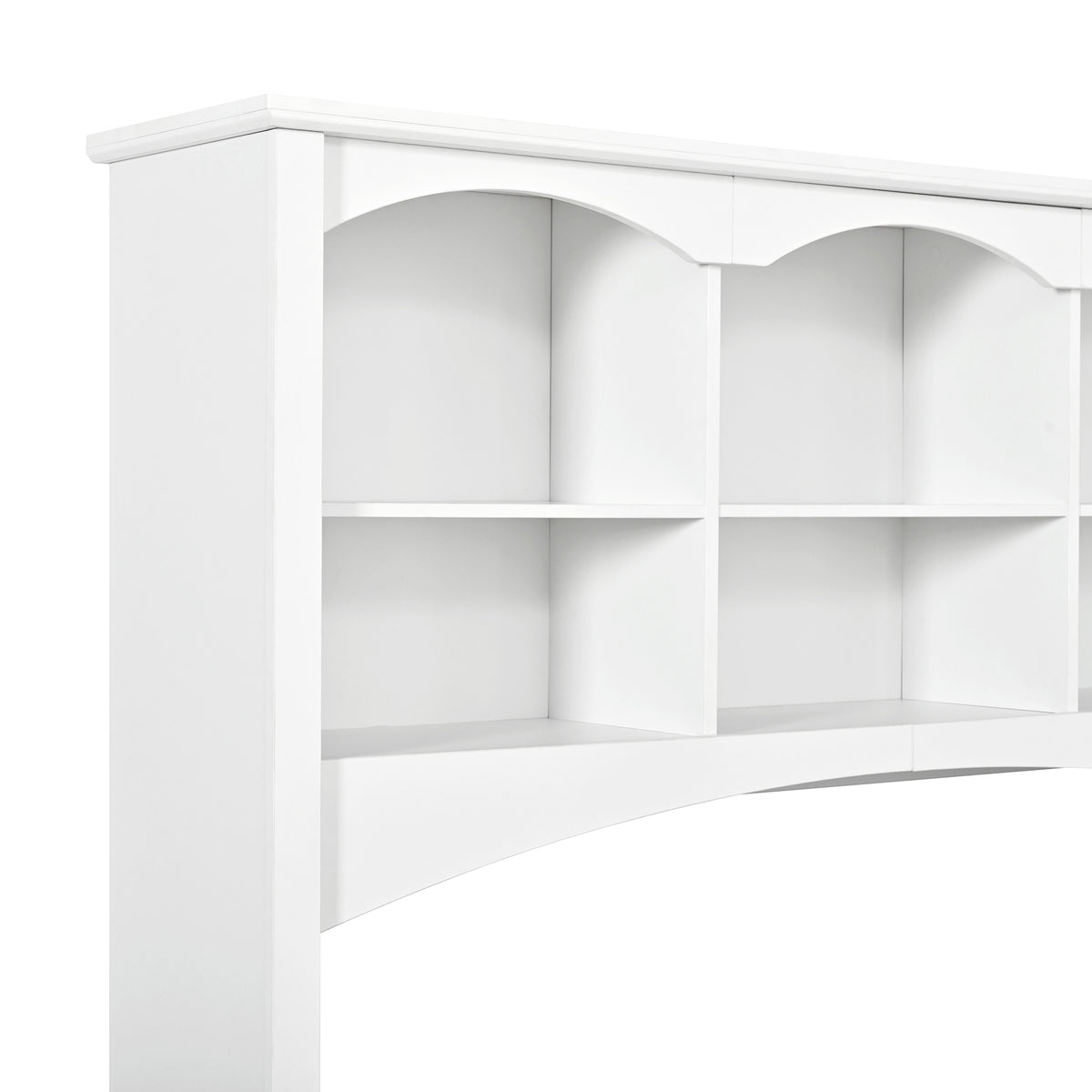Porvoo white L-shaped office desk showing hutch and open cubby storage detail