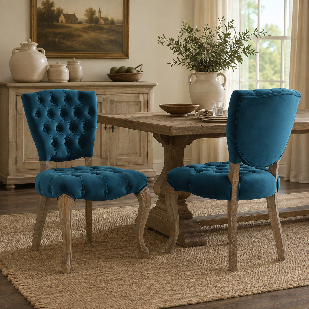 Prespa teal dining chair showing two chairs in an elegant dining room setting