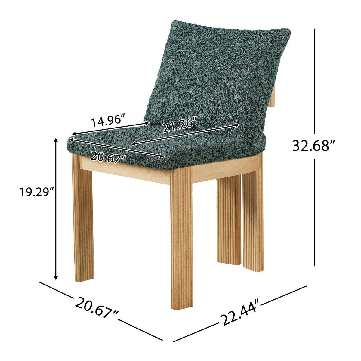 Pukaki green boucle dining chair showing product dimensions with fluted wood frame and loose pillow back