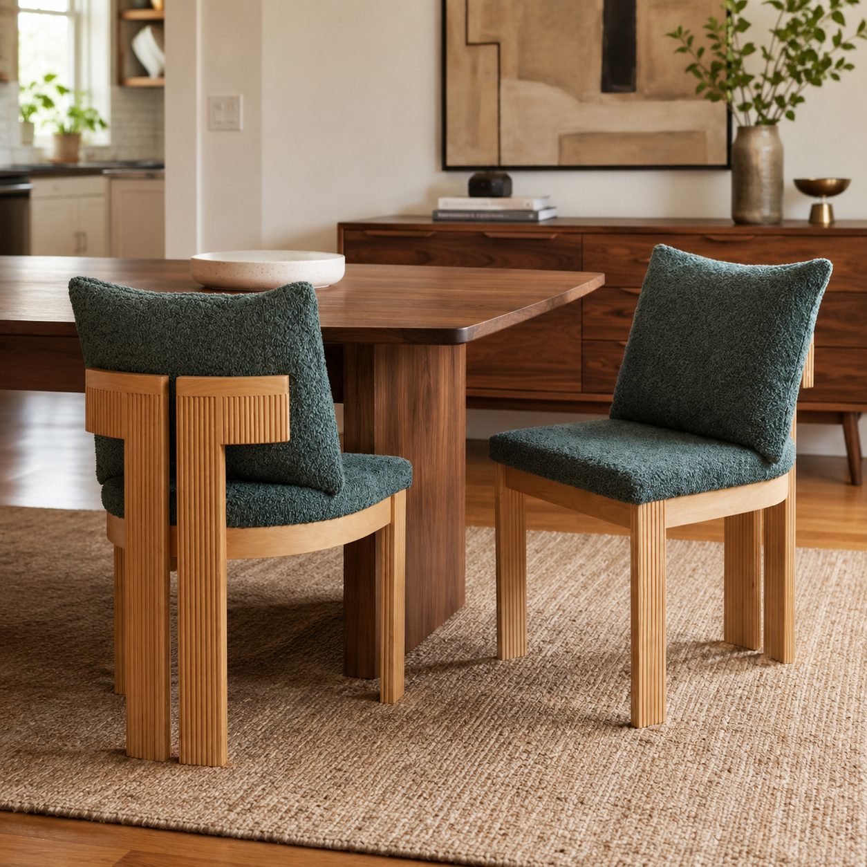 Pukaki green boucle dining chairs with fluted wood frames around a round wood dining table