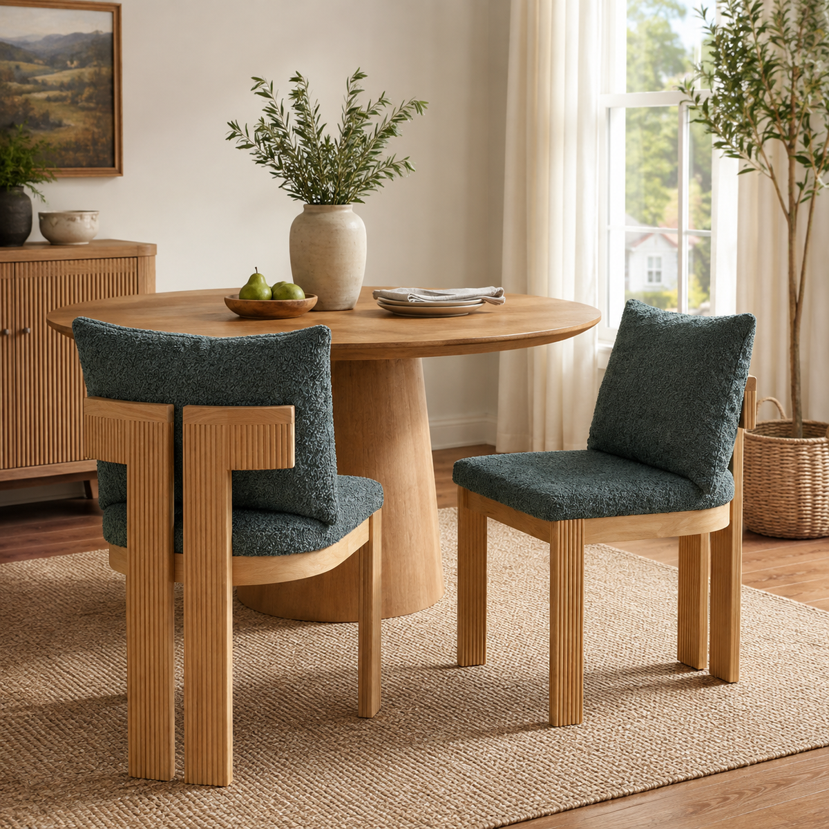 Pukaki green dining chairs with loose pillow backs in a warm dining room with natural wood furniture