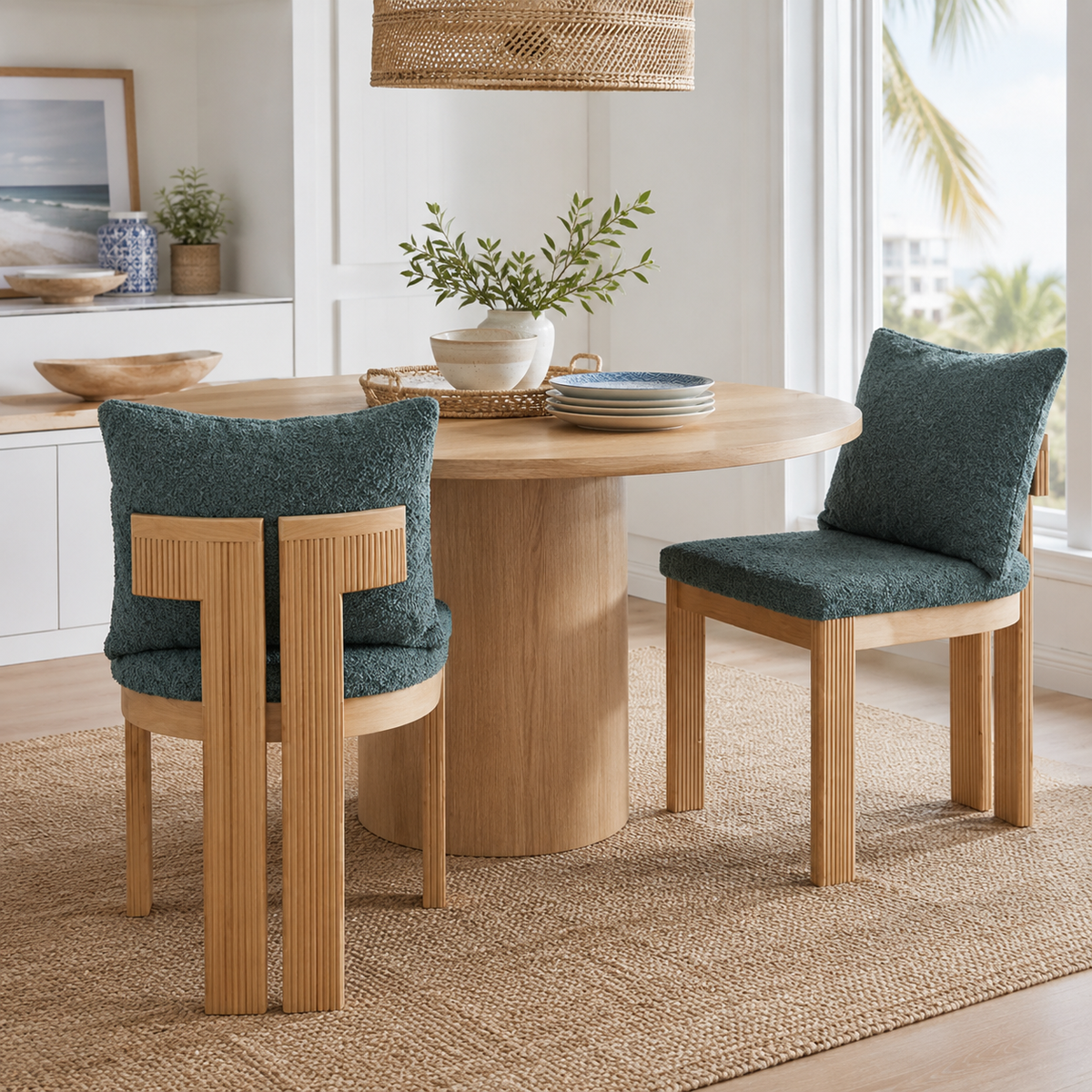 Pukaki green boucle dining chairs beside a round dining table in a bright modern dining space