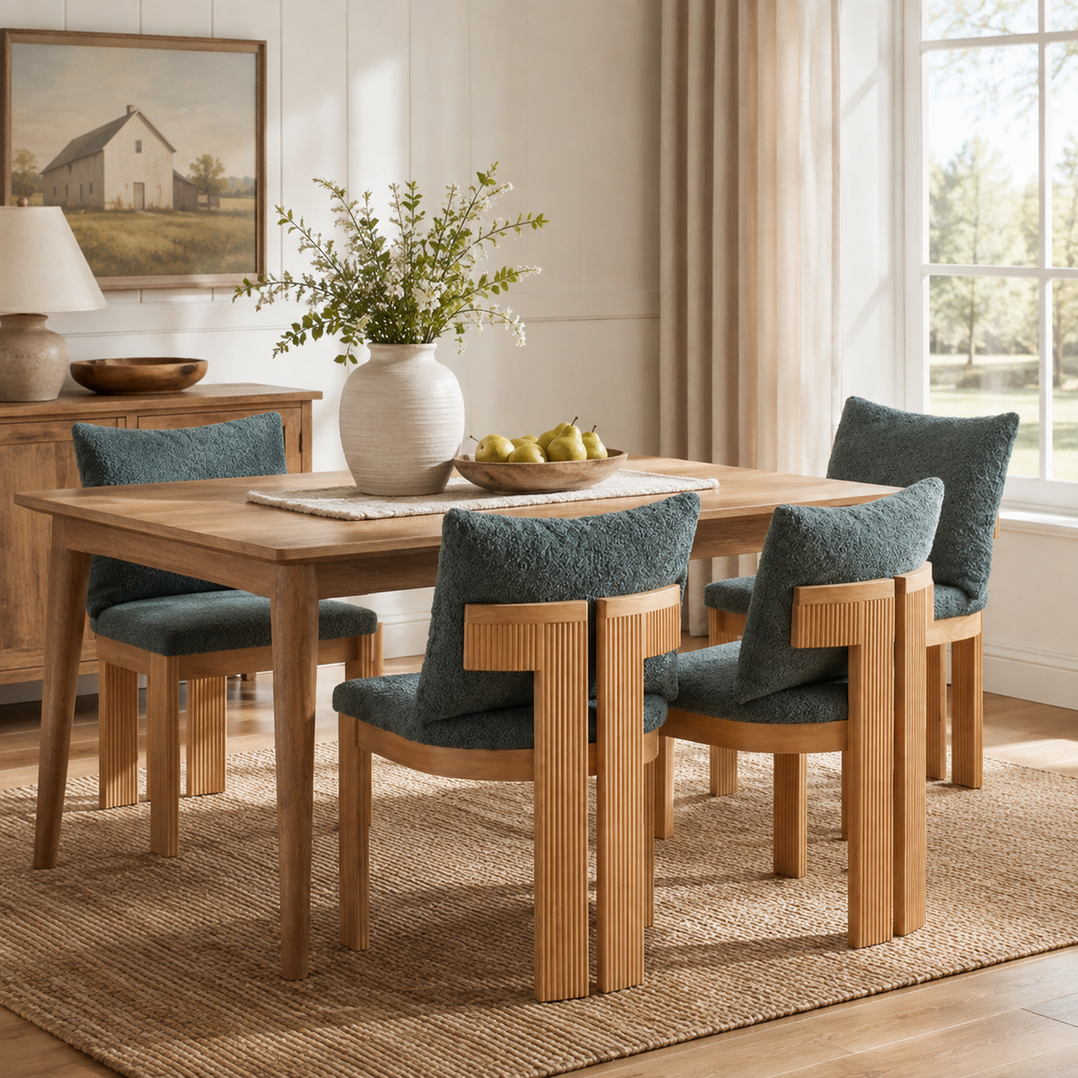 Pukaki green upholstered dining chairs with fluted wood frames in a cozy dining room