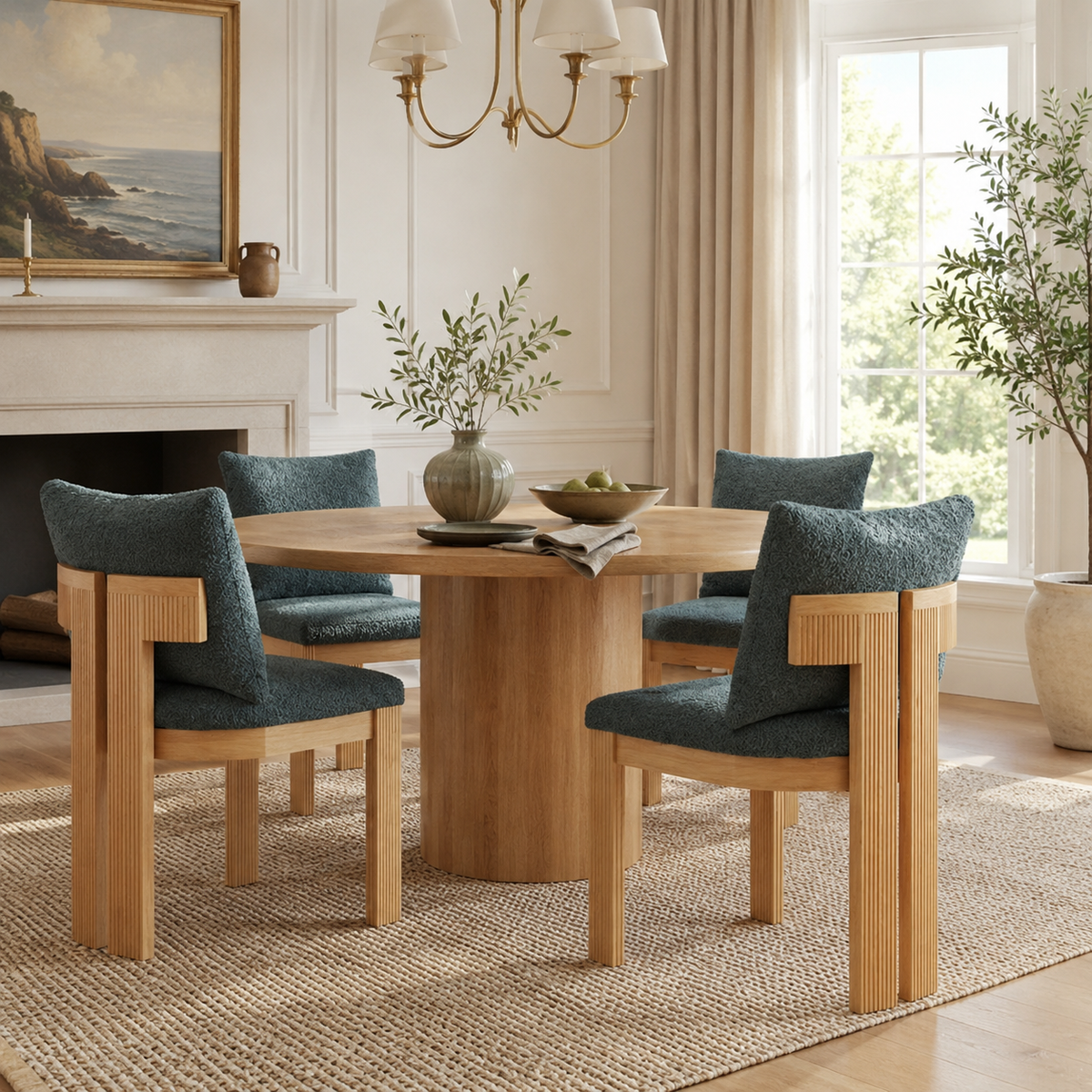 Pukaki green dining chair set around a wood table in a warm contemporary dining area