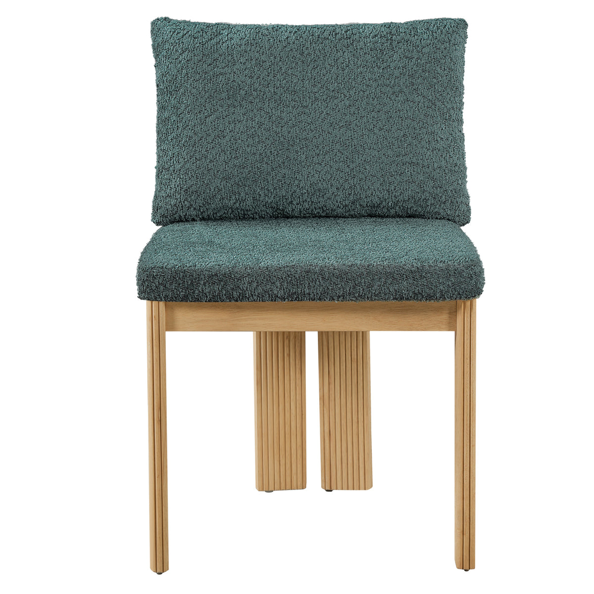 Pukaki green boucle dining chair straight front view with fluted wood frame on white background
