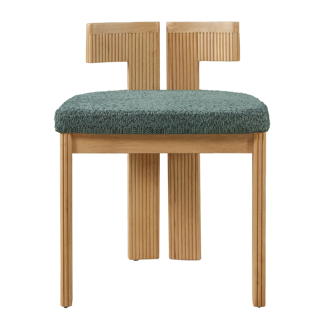 Pukaki green dining chair front view with loose pillow back and wood legs on white background