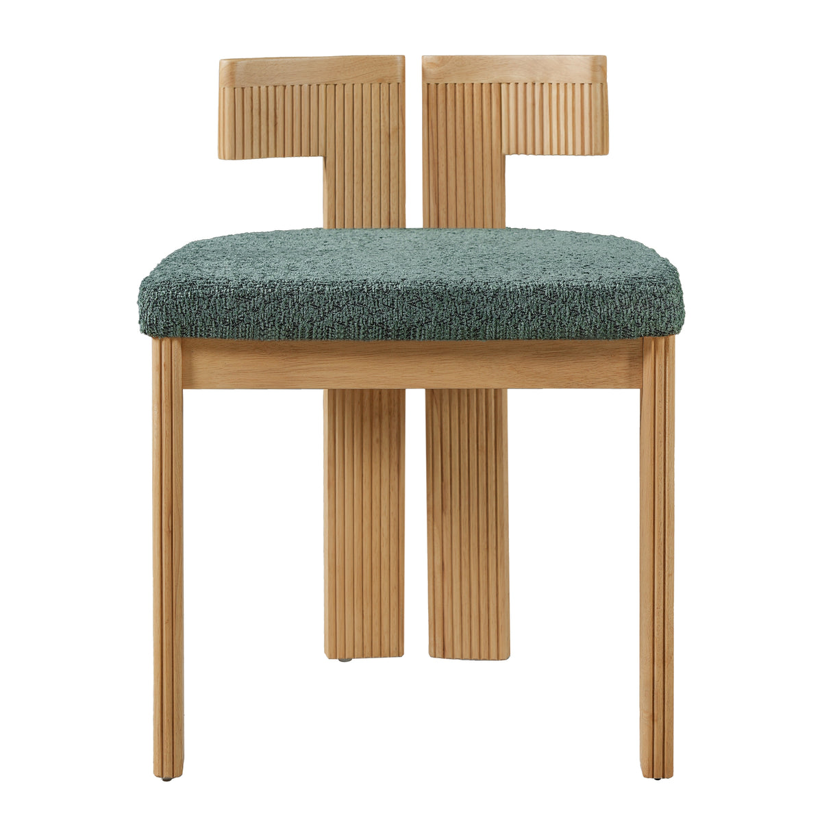 Pukaki green dining chair front view with loose pillow back and wood legs on white background