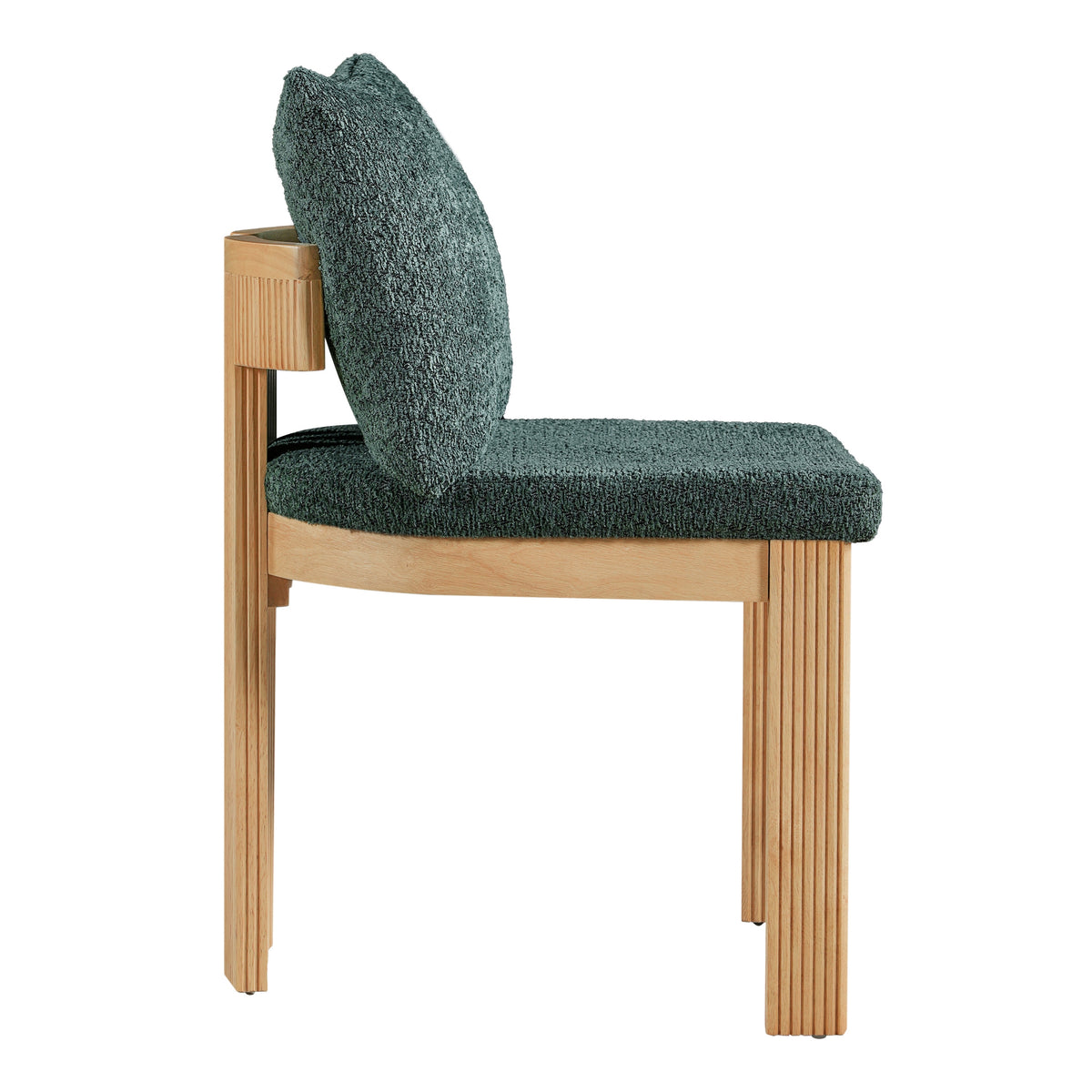 Pukaki green dining chair side view with loose pillow back and wood legs on white background