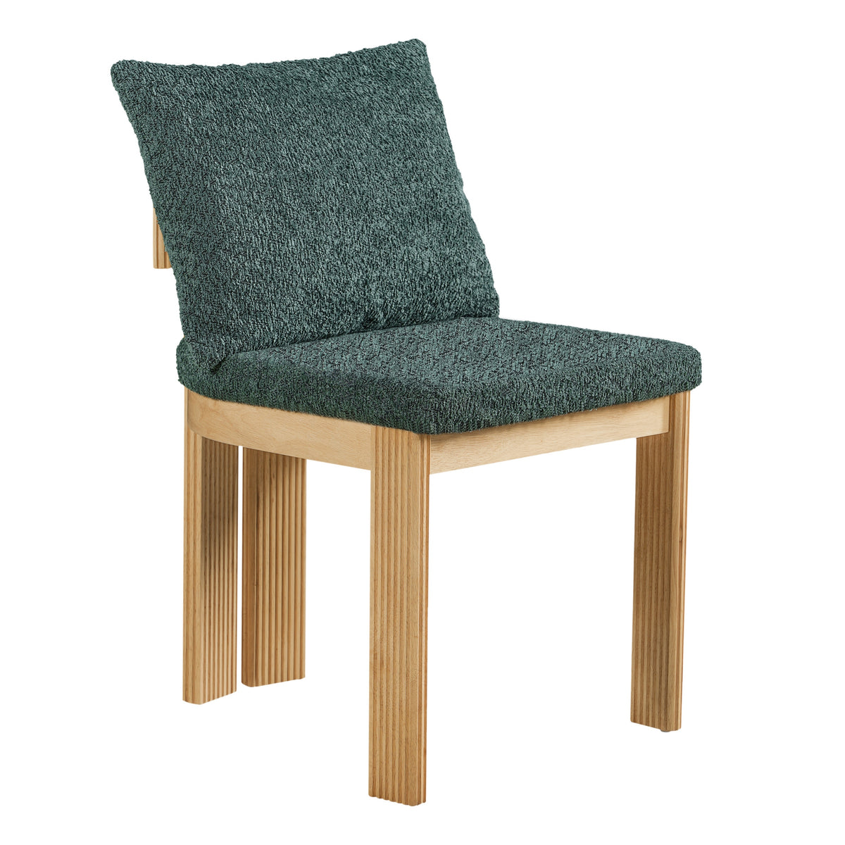 Pukaki green boucle dining chair  front view with fluted wood frame on white background