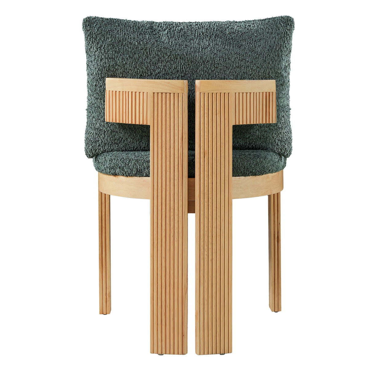 Pukaki green boucle dining chair rear view showing the fluted wood back frame on white background
