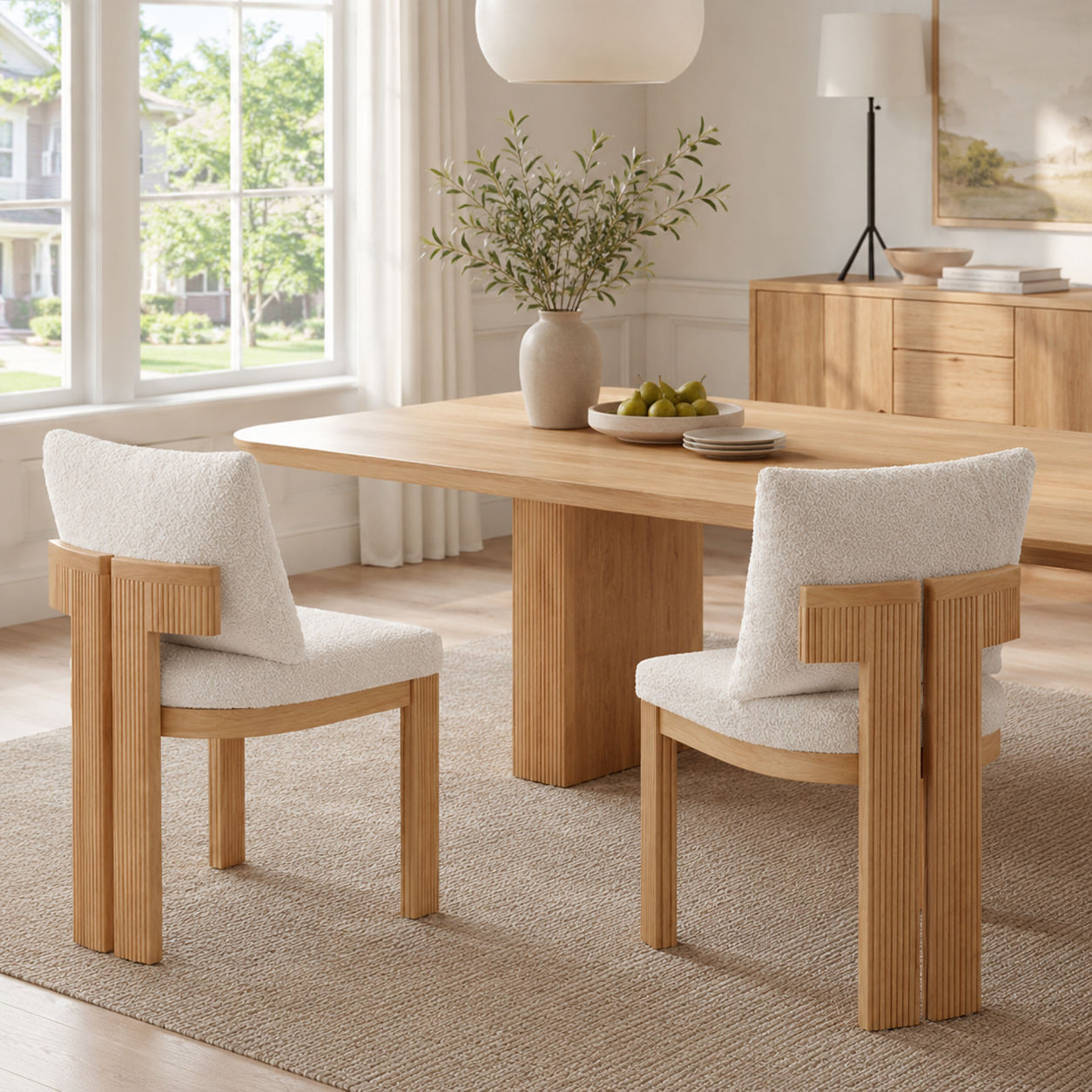 Pukaki white boucle dining chairs with fluted wood frames around a natural wood dining table