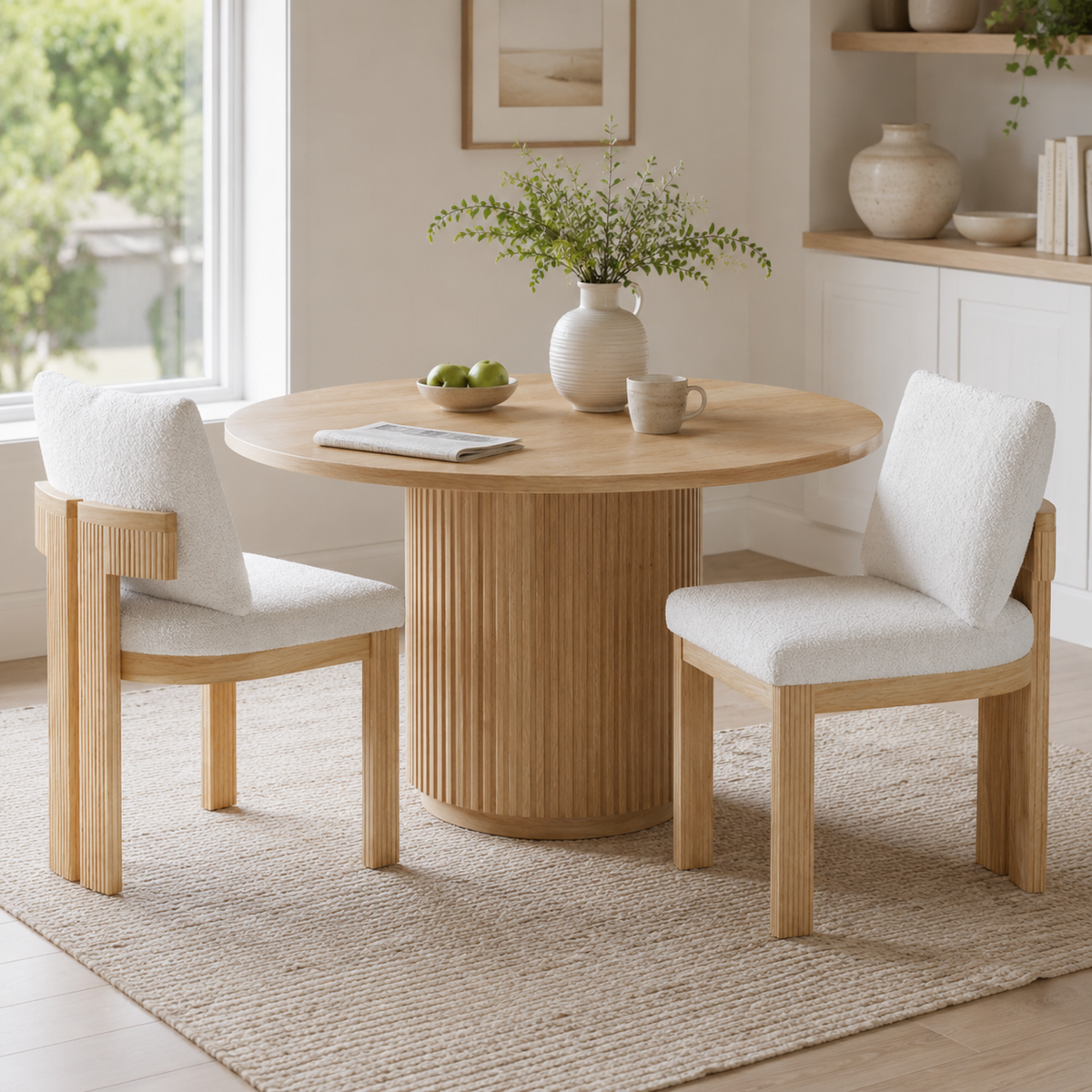 Pukaki white dining chairs with loose pillow backs in a bright dining room with light wood furniture