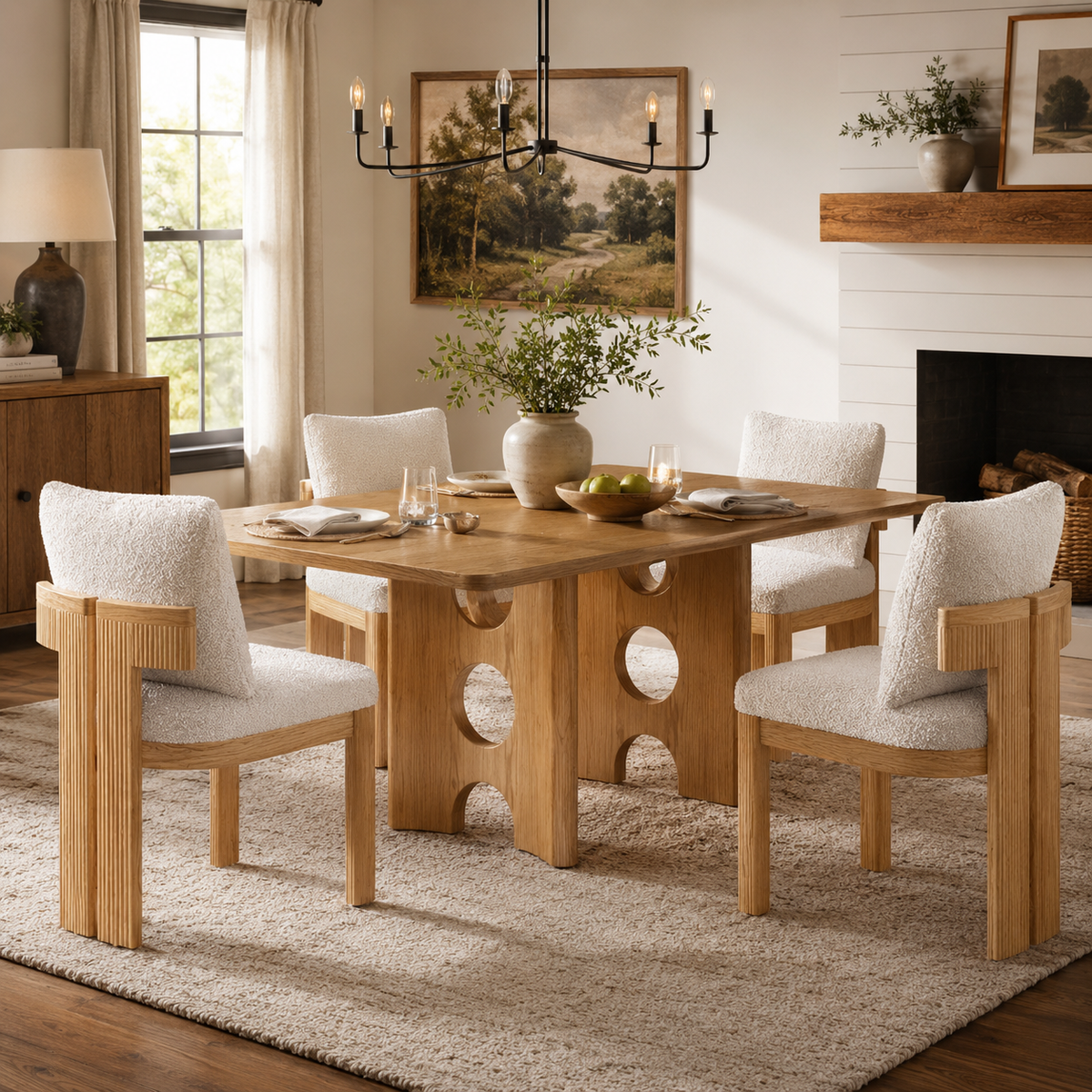 Pukaki white upholstered dining chairs with fluted wood frames in a sunlit dining room