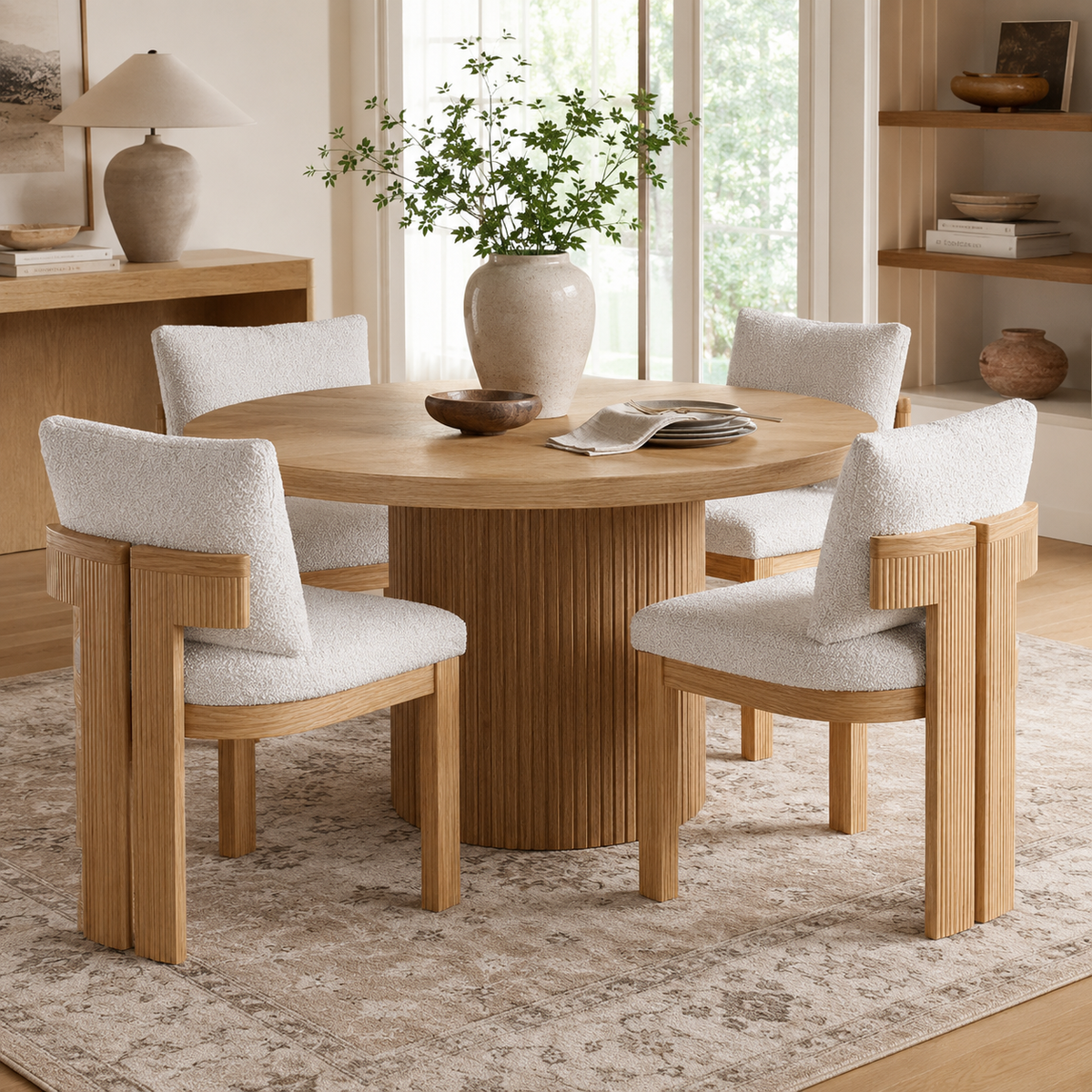 Pukaki white dining chairs around a wood dining table in a cozy neutral dining area
