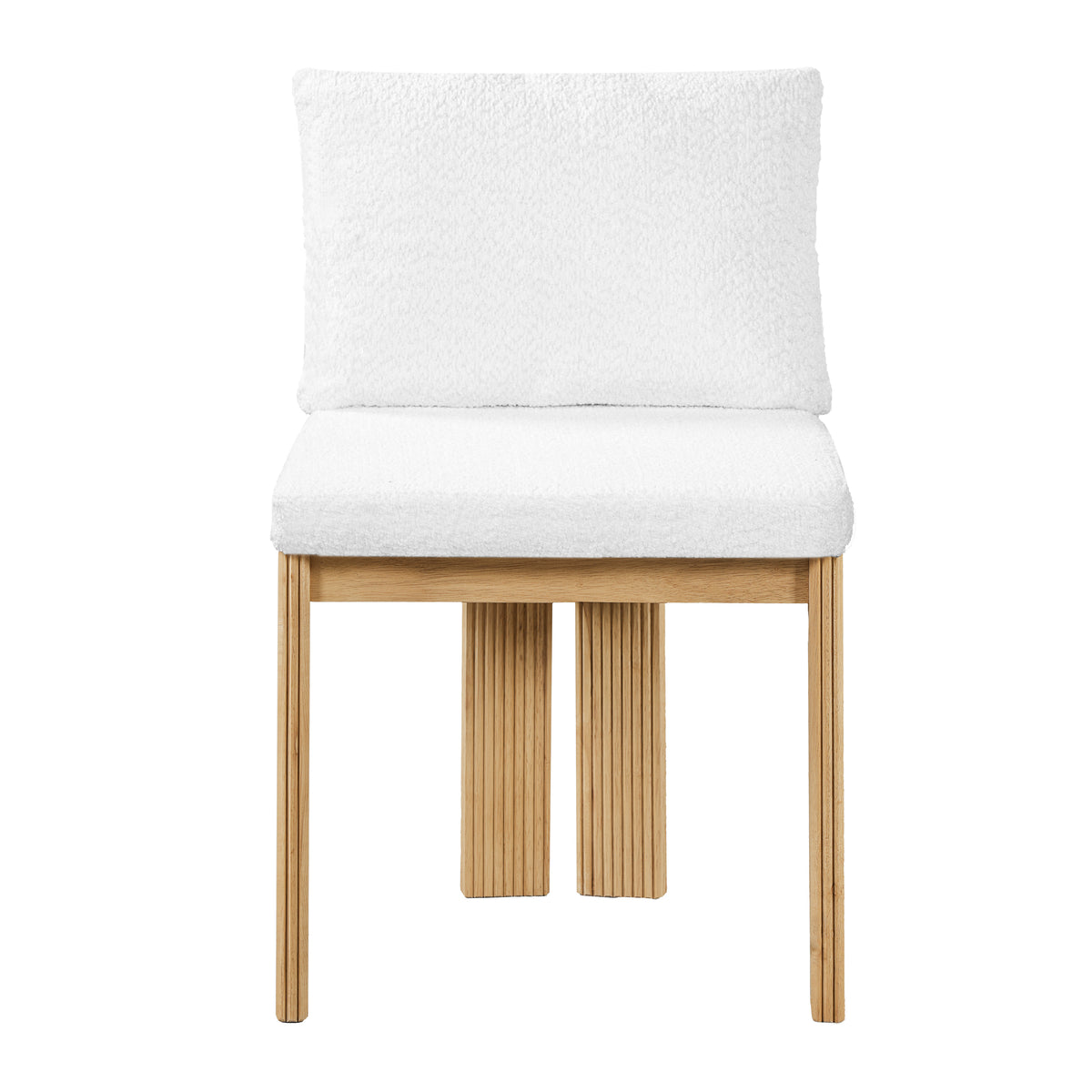 Pukaki white boucle dining chair straight front view with fluted wood frame on white background