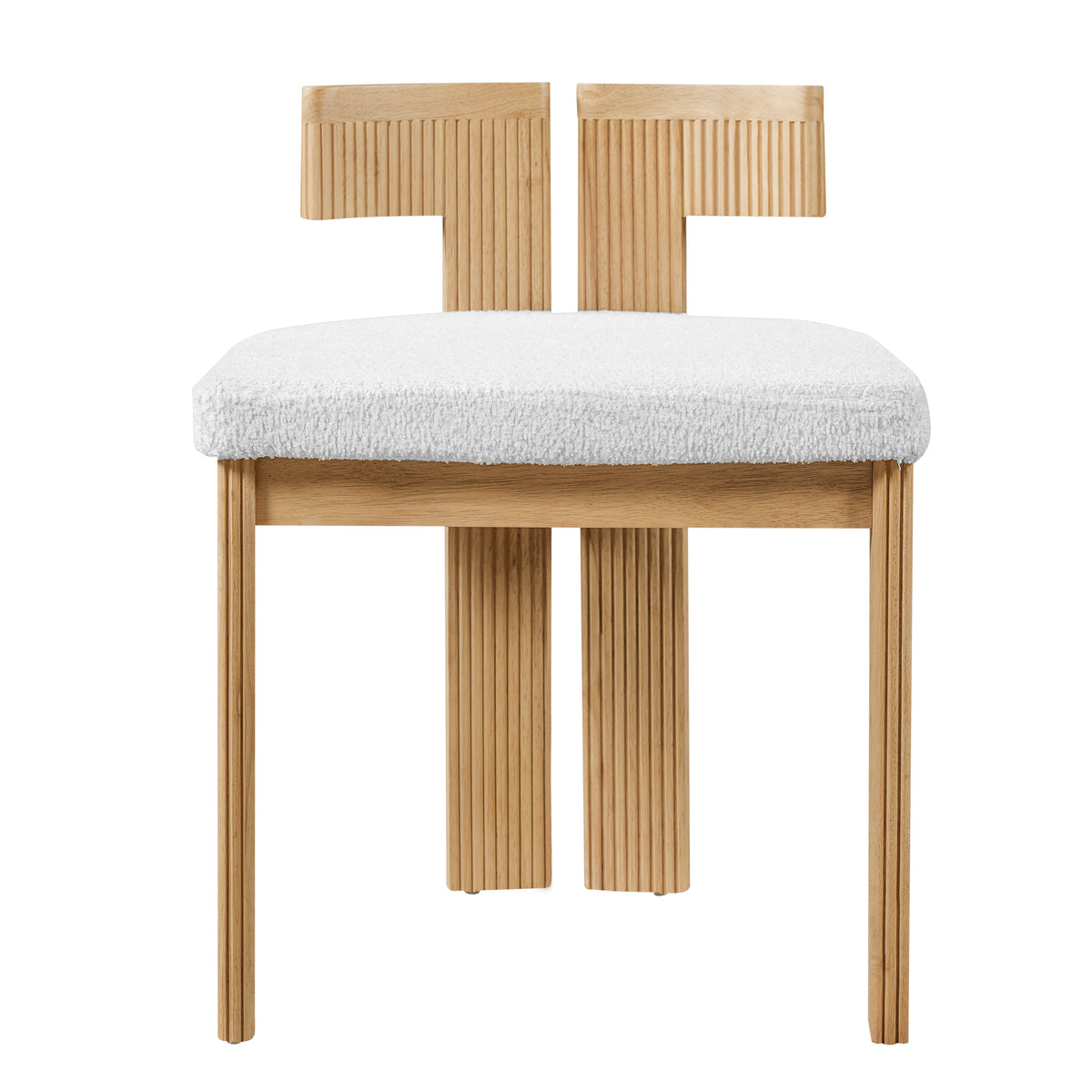 Pukaki white boucle dining chair straight front view with fluted wood frame on white background