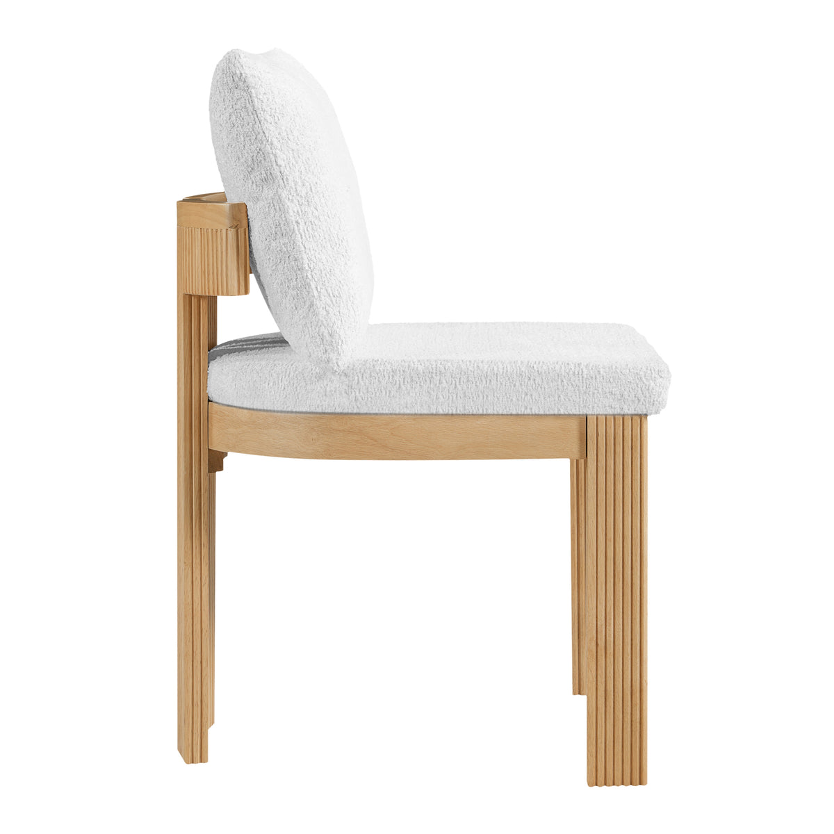Pukaki white boucle dining chair side view with solid wood legs on white background