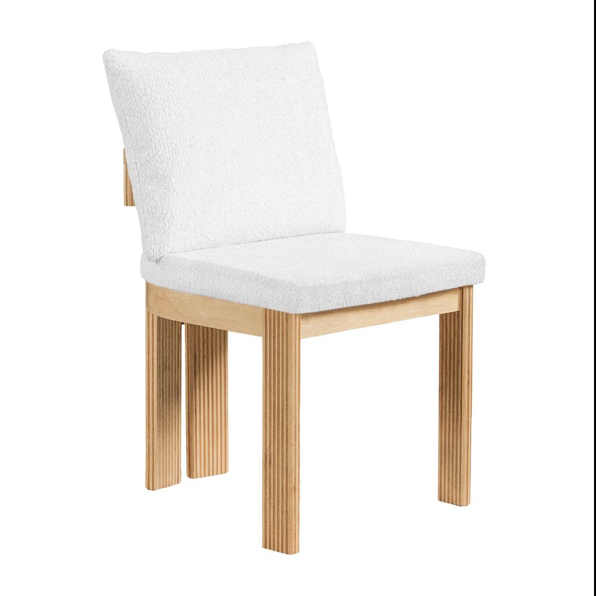 Pukaki white dining chair front angled view with loose pillow back on white background